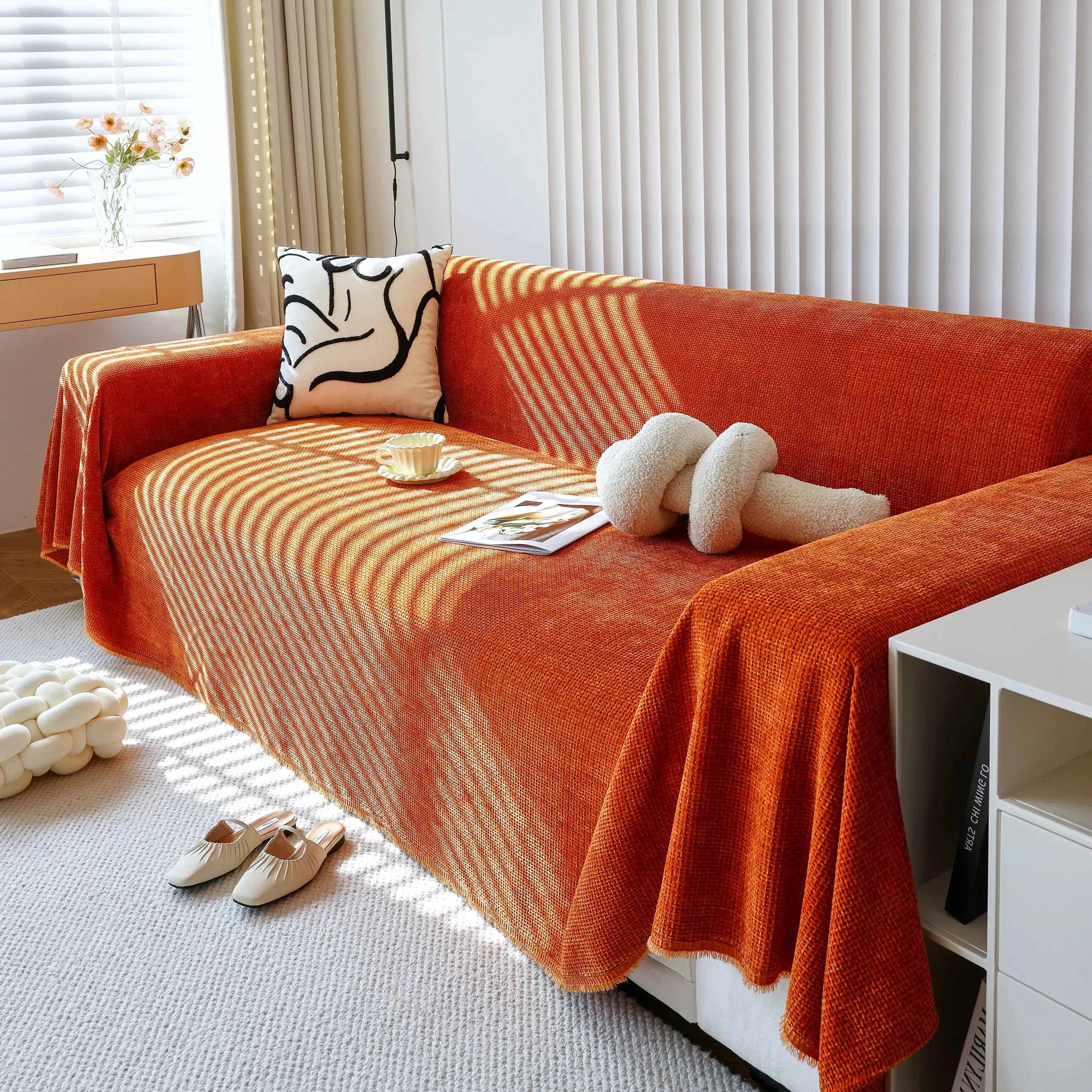 Chenille Thickened Solid Couch Blanket Throws, Reversible Couch Covers for Sectional Couches