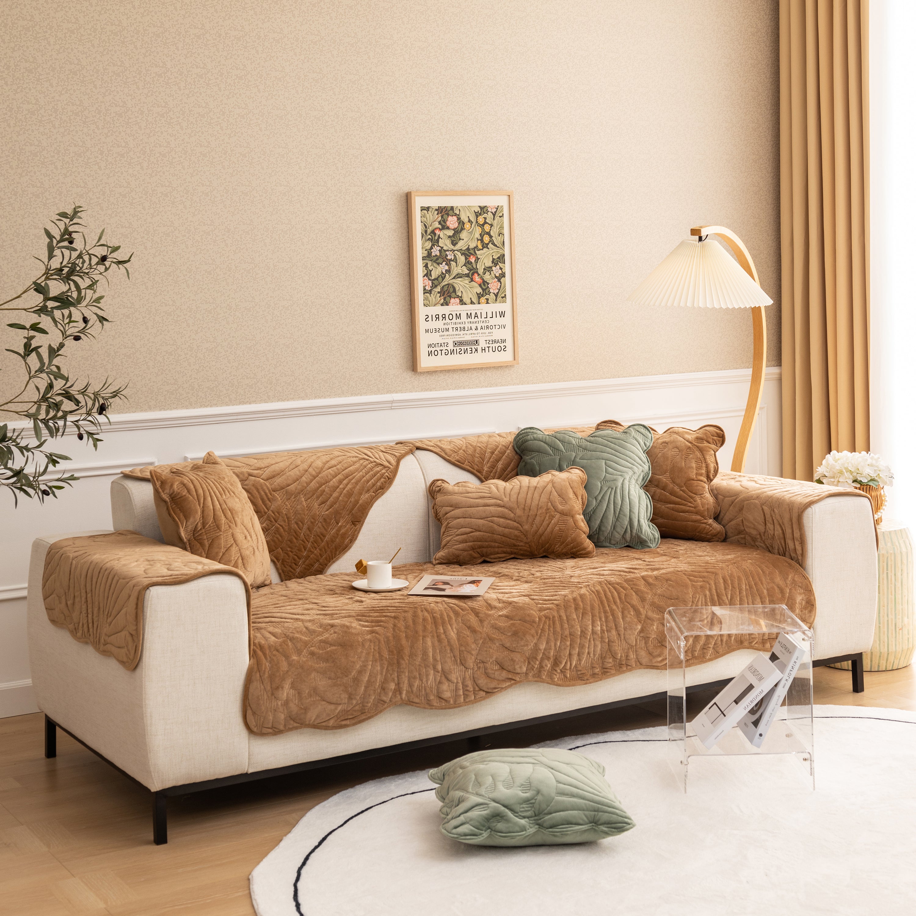 Soft Furry Velvet Plush Non-Slip Sofa Cover Quilted Palm Leaves Sectional Couch Cover for Kids and Pets