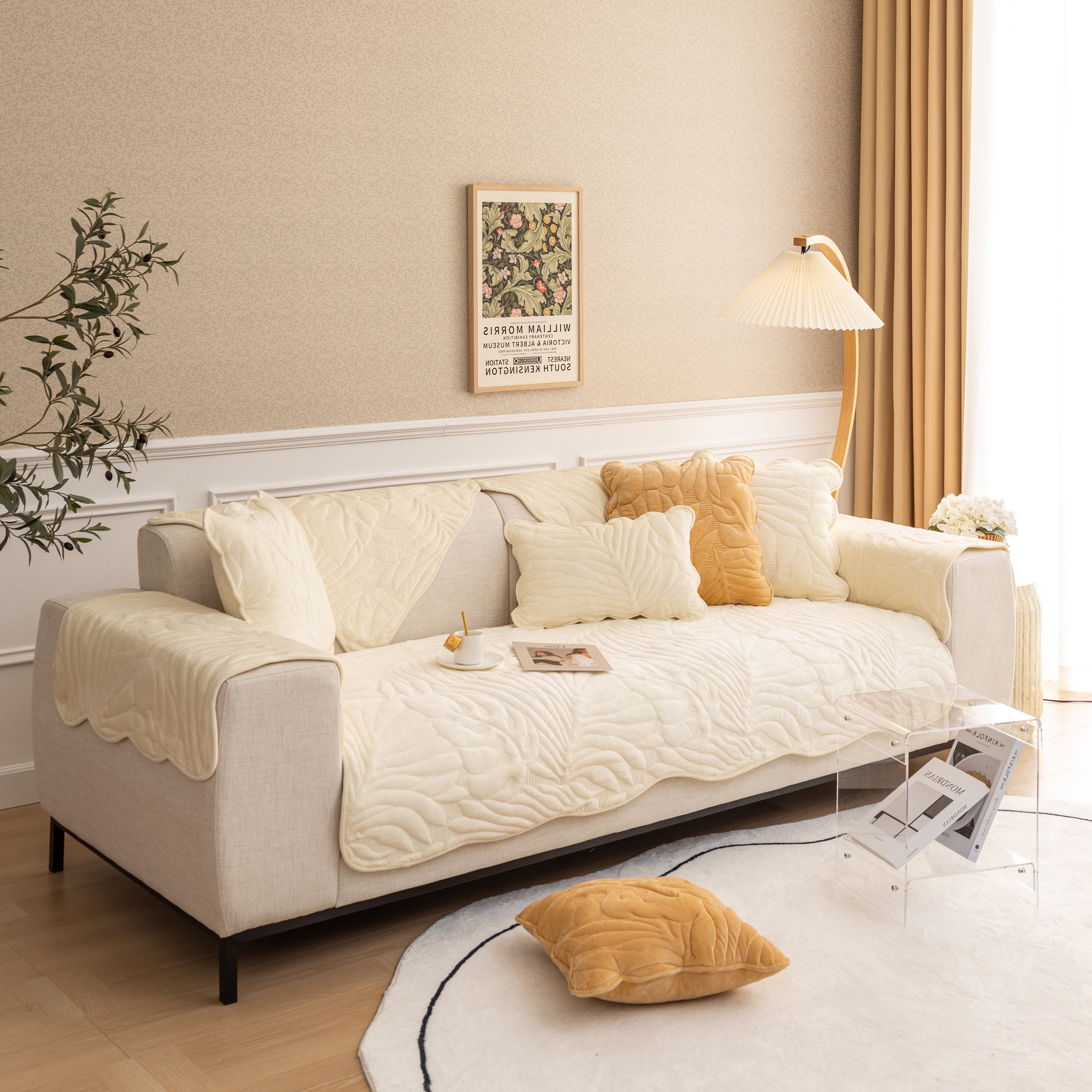 Soft Furry Velvet Plush Non-Slip Sofa Cover Quilted Palm Leaves Sectional Couch Cover for Kids and Pets