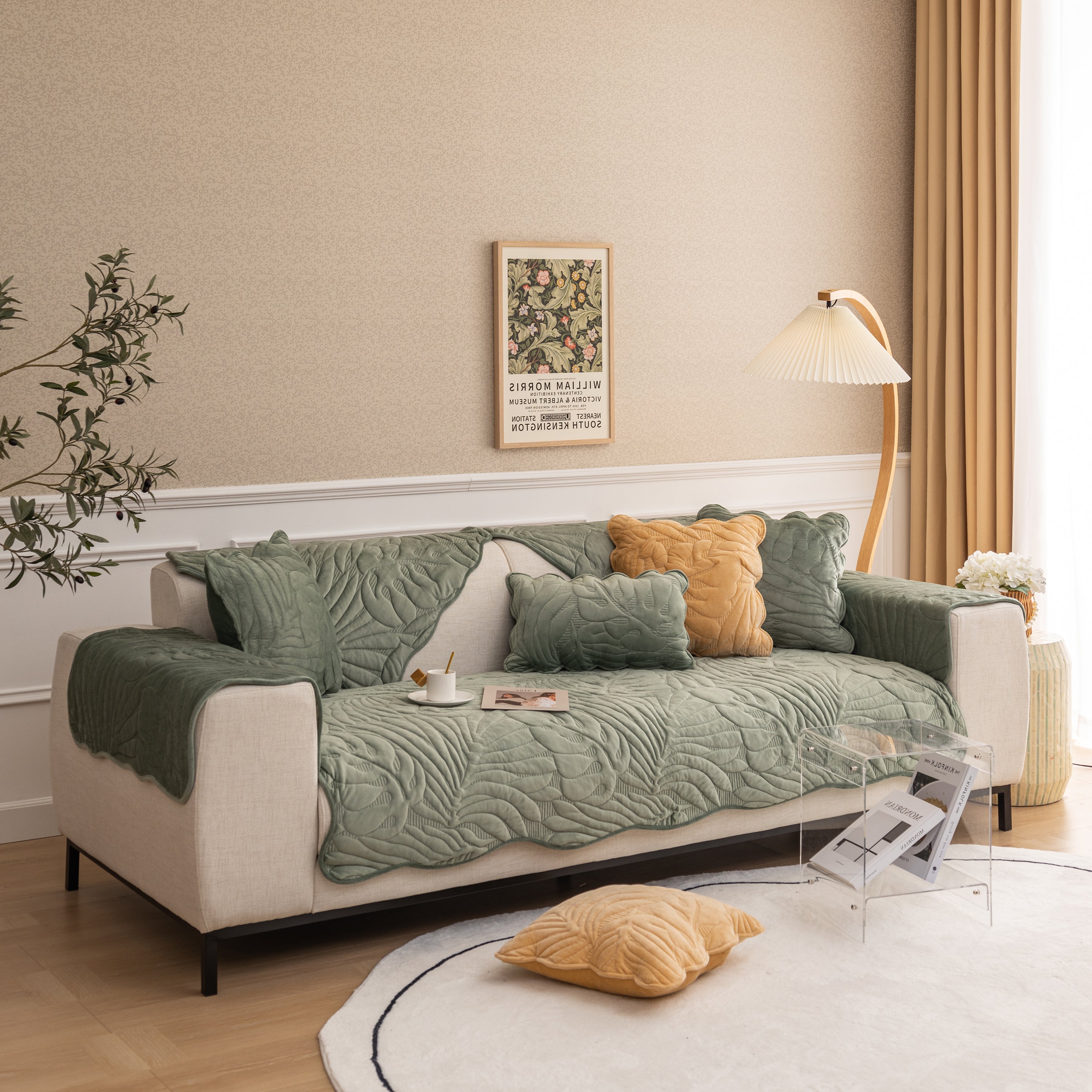 Soft Furry Velvet Plush Non-Slip Sofa Cover Quilted Palm Leaves Sectional Couch Cover for Kids and Pets