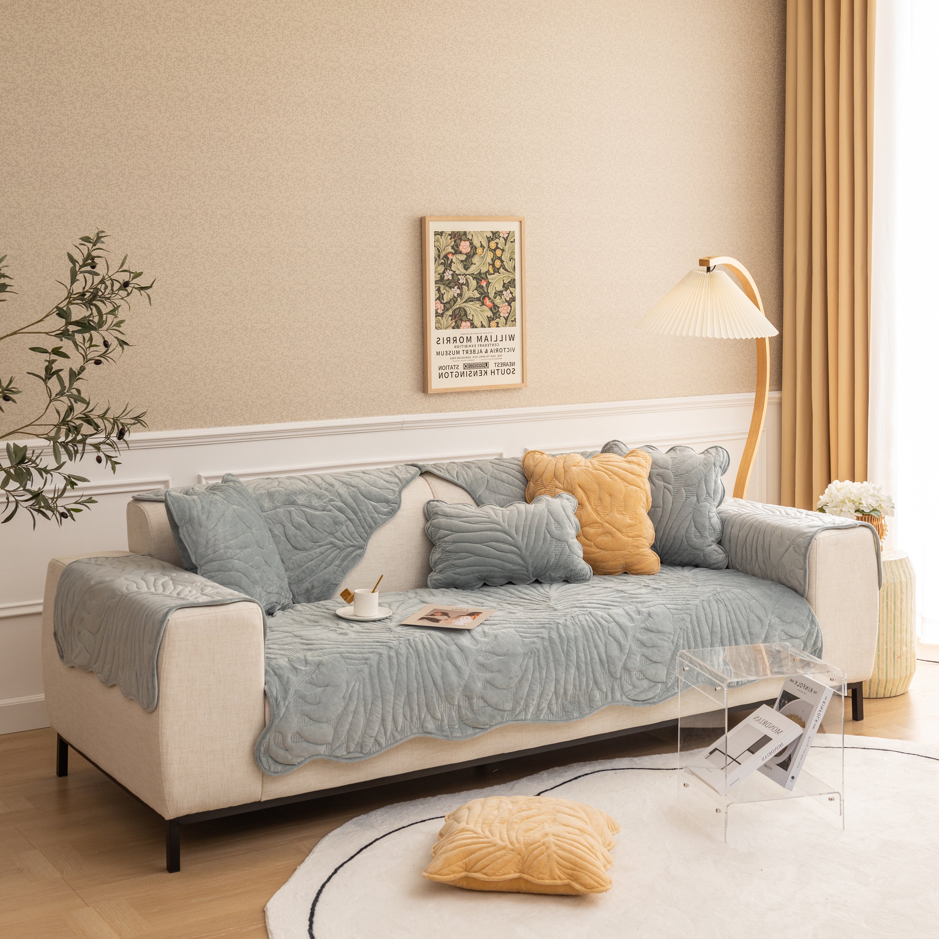 Soft Furry Velvet Plush Non-Slip Sofa Cover Quilted Palm Leaves Sectional Couch Cover for Kids and Pets