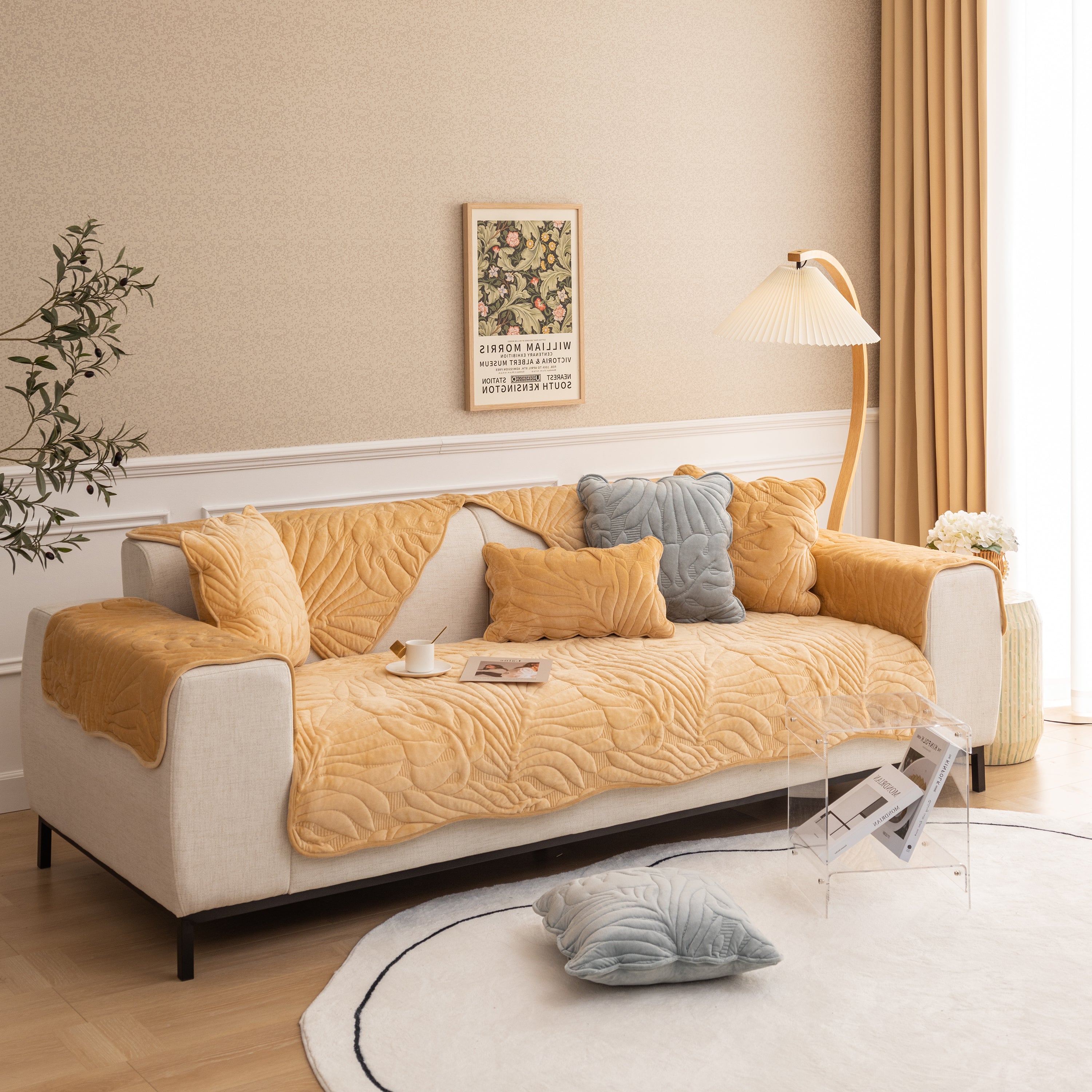 Soft Furry Velvet Plush Non-Slip Sofa Cover Quilted Palm Leaves Sectional Couch Cover for Kids and Pets