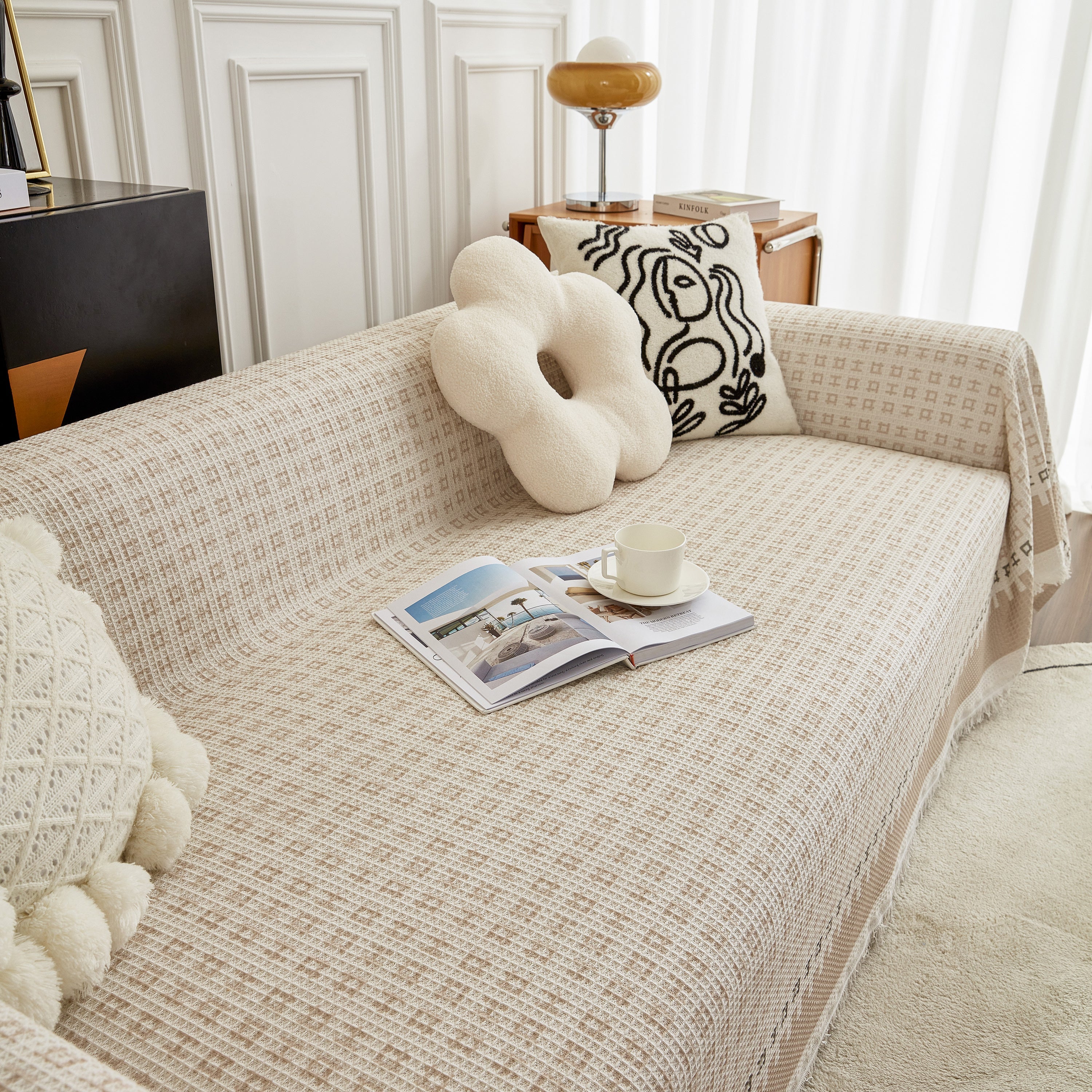 Waffle Lattice Fabric Sofa Cover, Multi-purpose Soft Sofa Throw, Couch Cover Blanket Throws for Couches