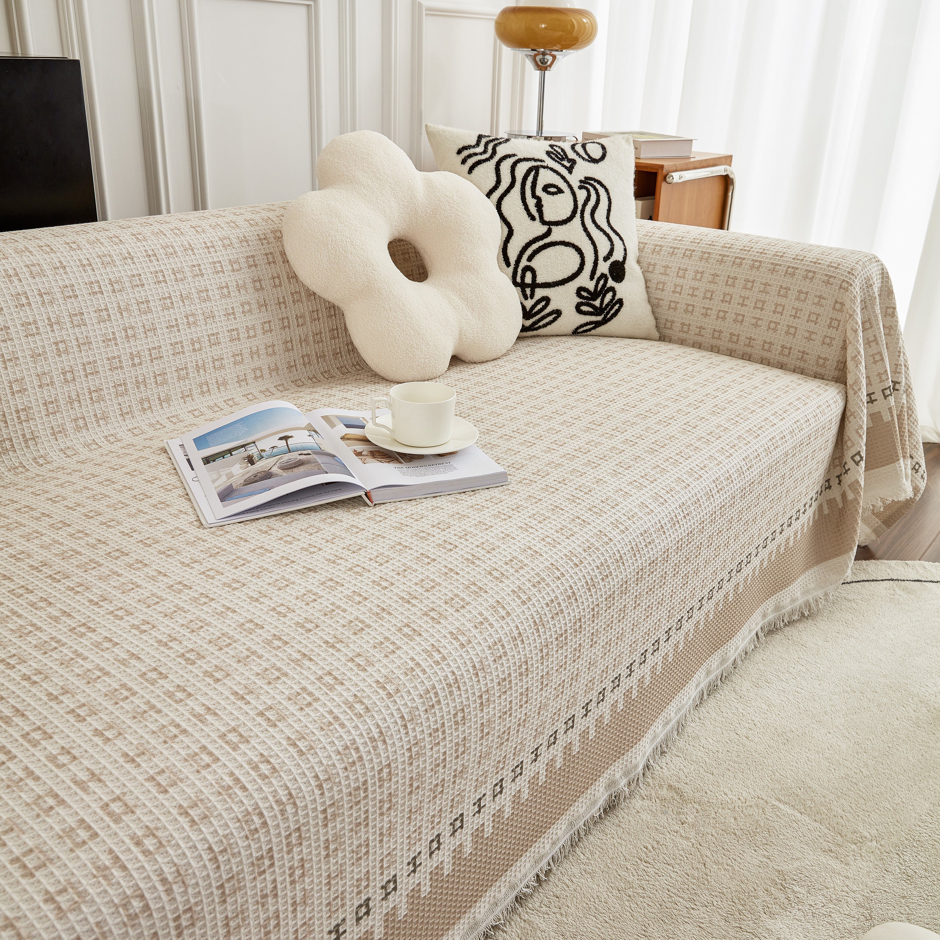 Waffle Lattice Fabric Sofa Cover, Multi-purpose Soft Sofa Throw, Couch Cover Blanket Throws for Couches