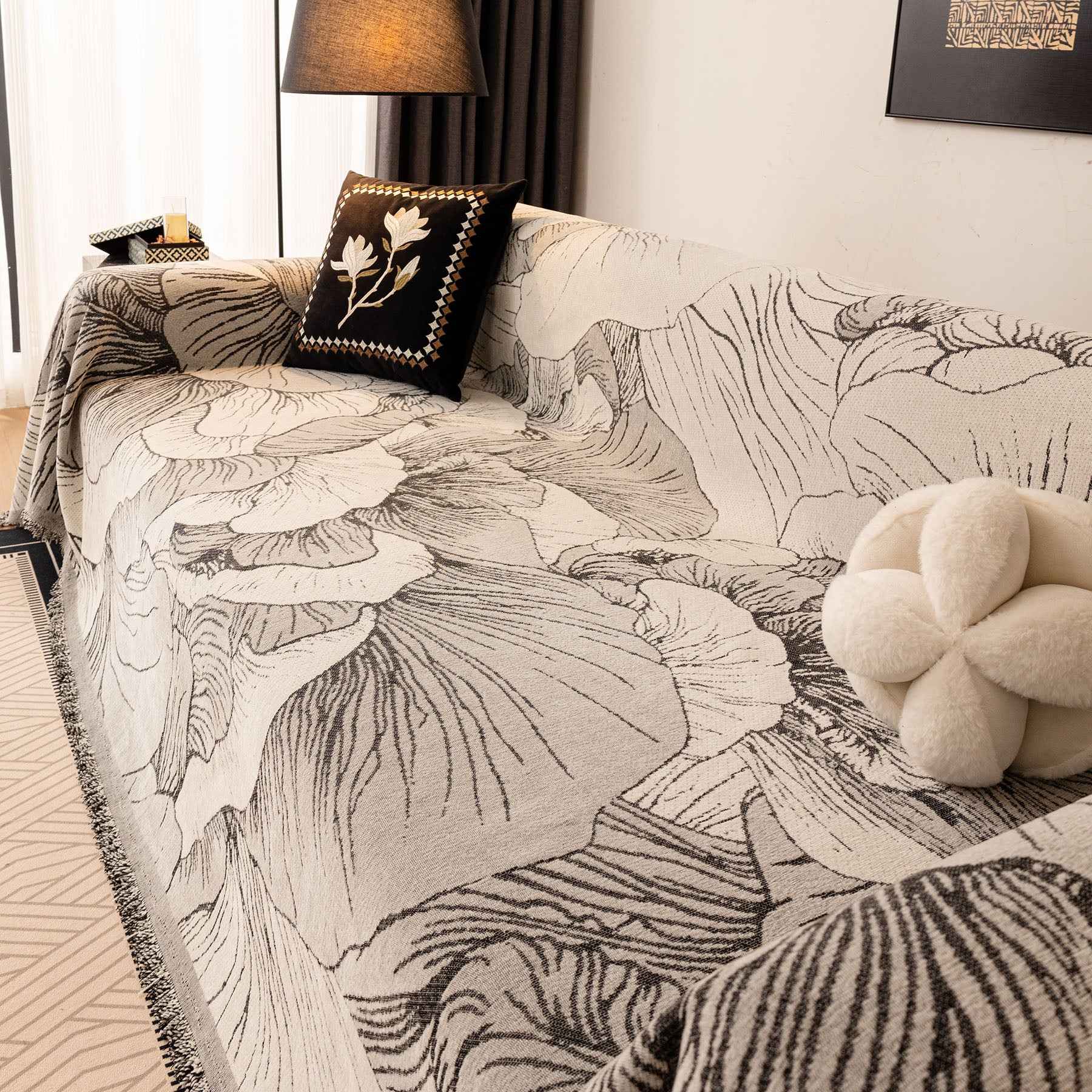 Modern Chenille Sofa Throw Cover, Oversized Floral Abstract Botanical Couch Protector