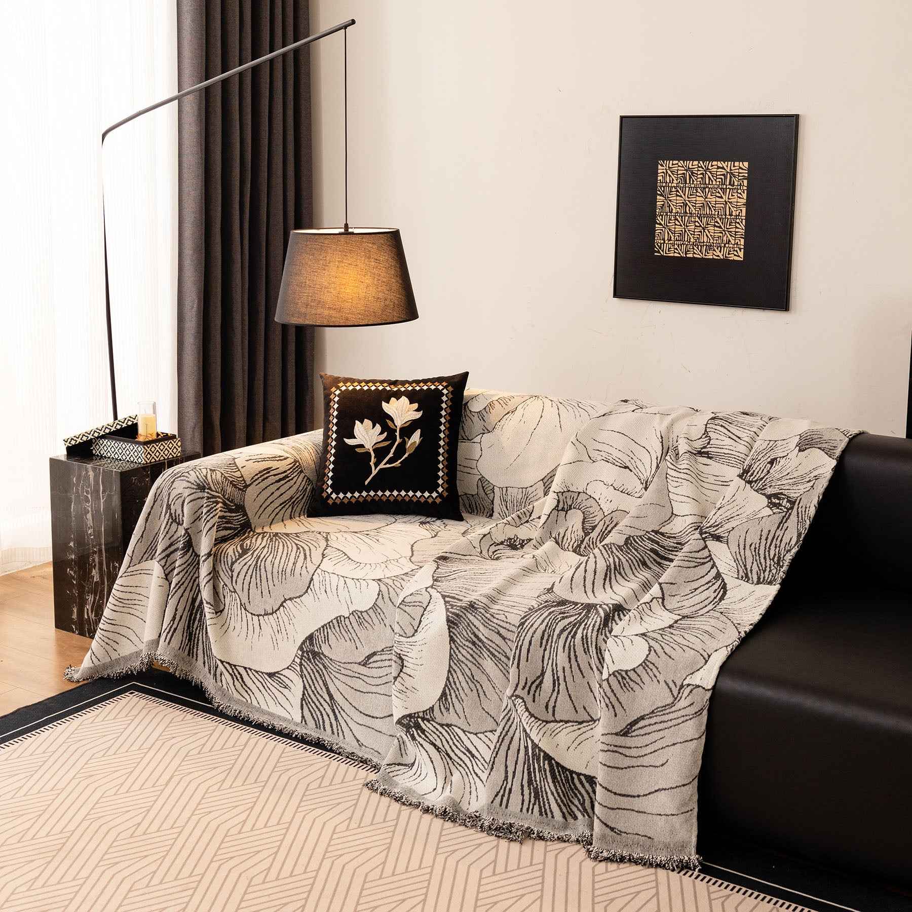 Modern Chenille Sofa Throw Cover, Oversized Floral Abstract Botanical Couch Protector