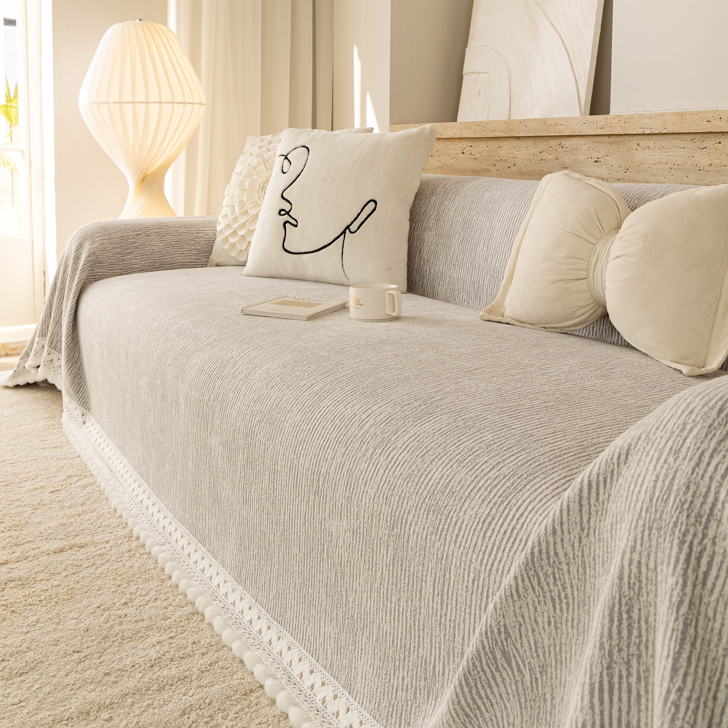 Sofa Cover Throw with Lace Trim & Pom-Pom Fringe, Decorative Couch Cover Blanket