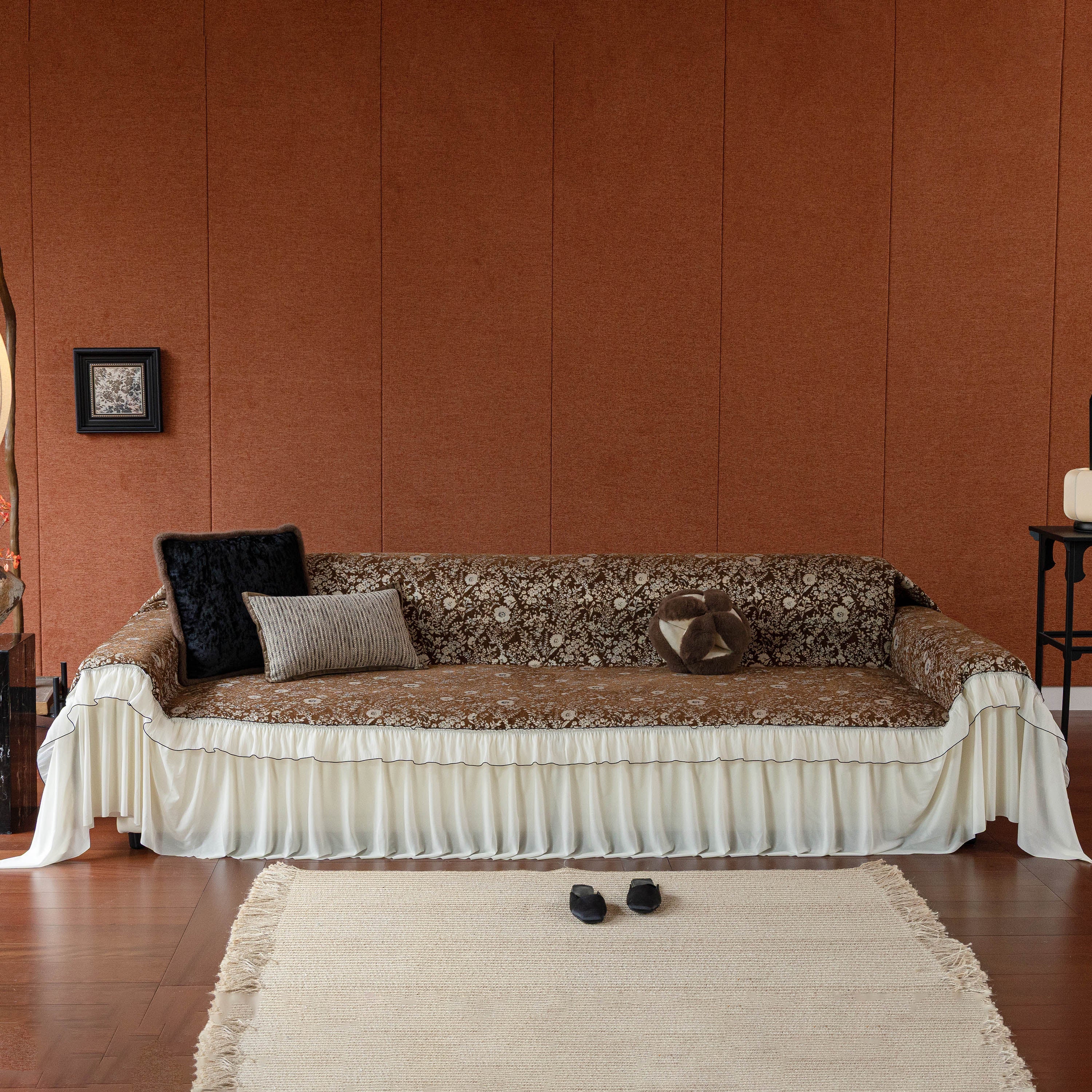 French Country Floral Sofa Cover with Chiffon Ruffle Skirt, Vintage Sofa Throw Cover