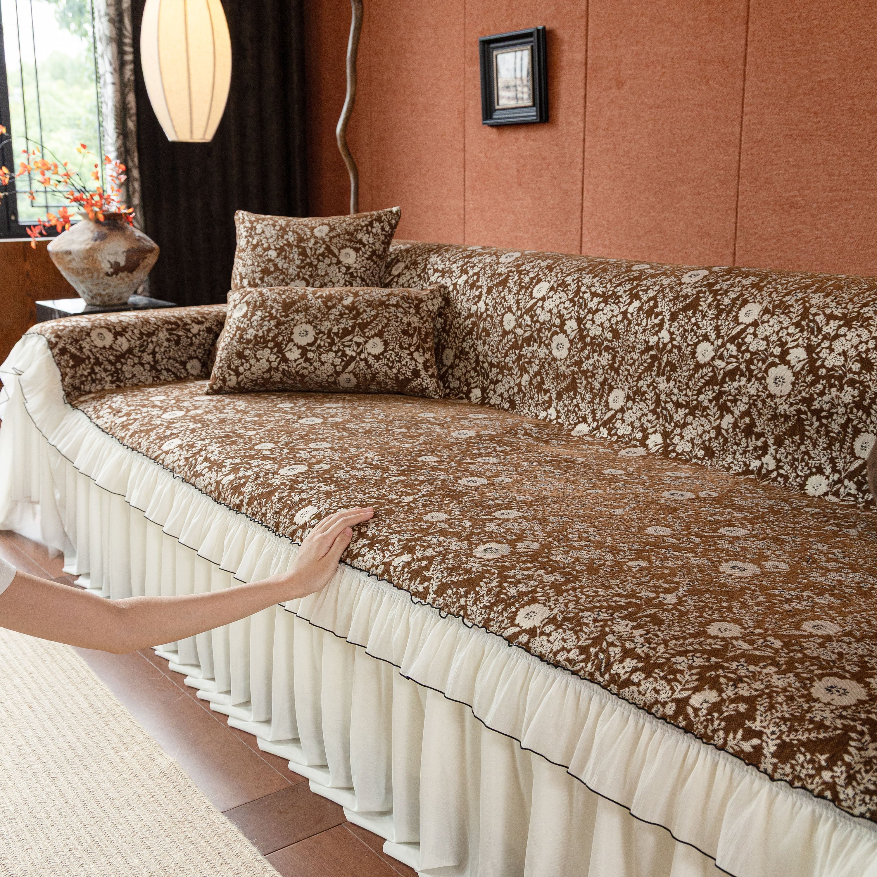 French Country Floral Sofa Cover with Chiffon Ruffle Skirt, Vintage Sofa Throw Cover