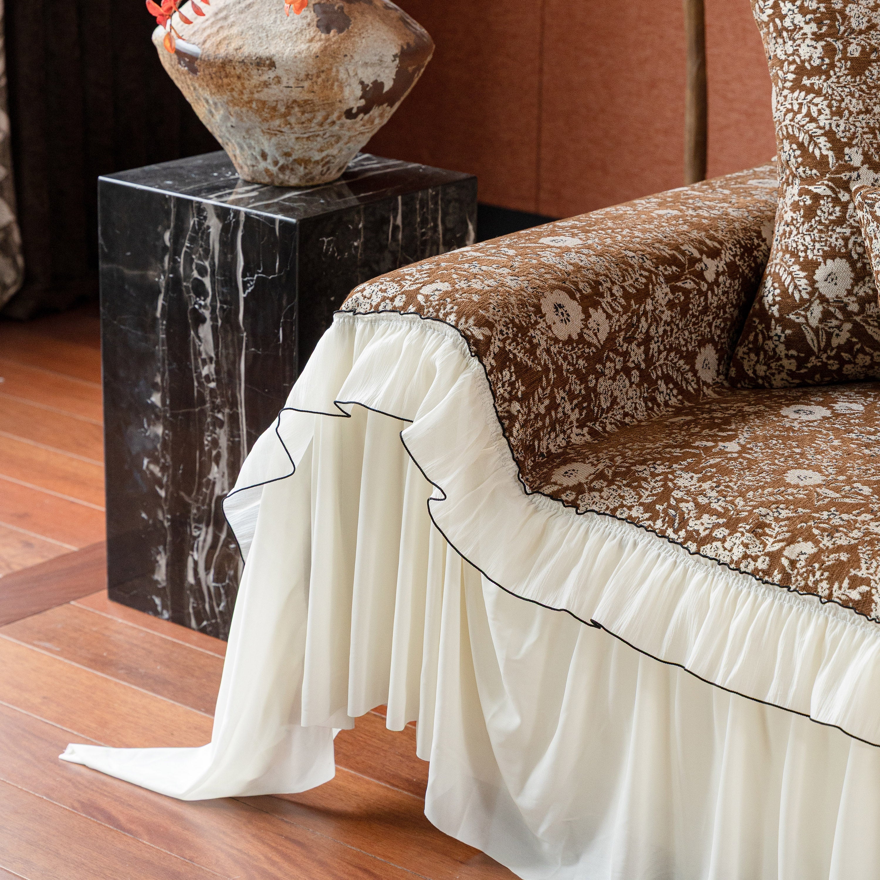 French Country Floral Sofa Cover with Chiffon Ruffle Skirt, Vintage Sofa Throw Cover
