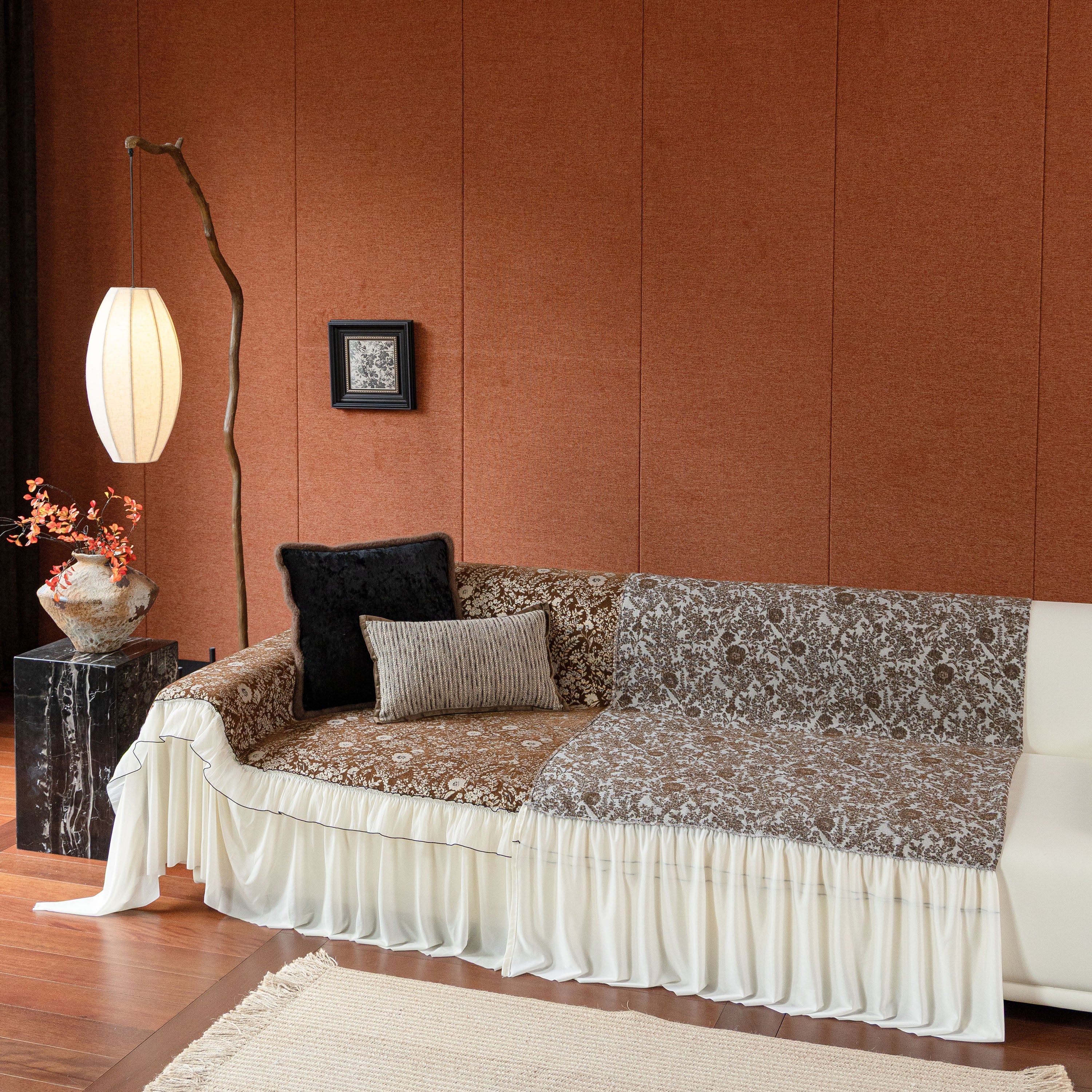 French Country Floral Sofa Cover with Chiffon Ruffle Skirt, Vintage Sofa Throw Cover