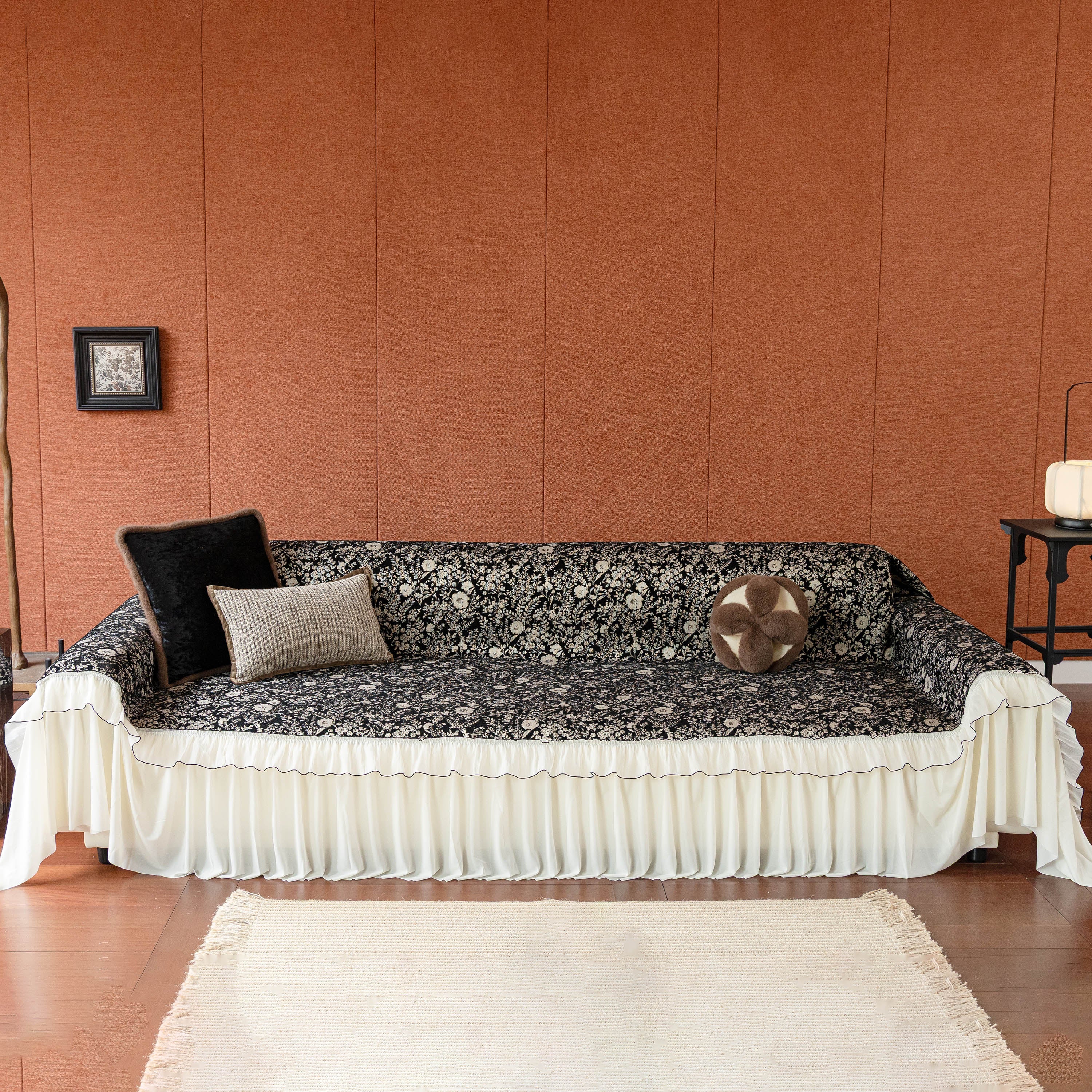 French Country Floral Sofa Cover with Chiffon Ruffle Skirt, Vintage Sofa Throw Cover