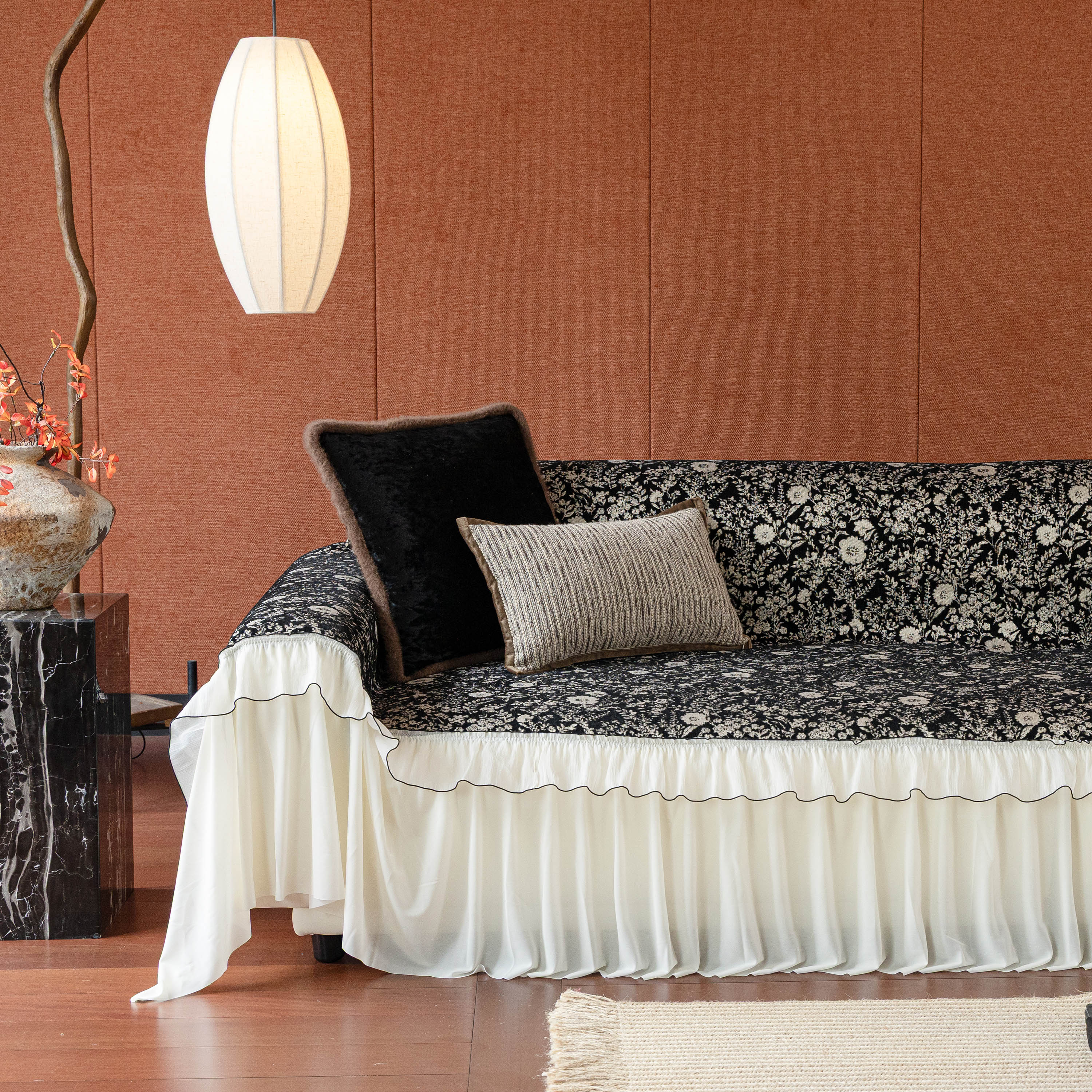 French Country Floral Sofa Cover with Chiffon Ruffle Skirt, Vintage Sofa Throw Cover
