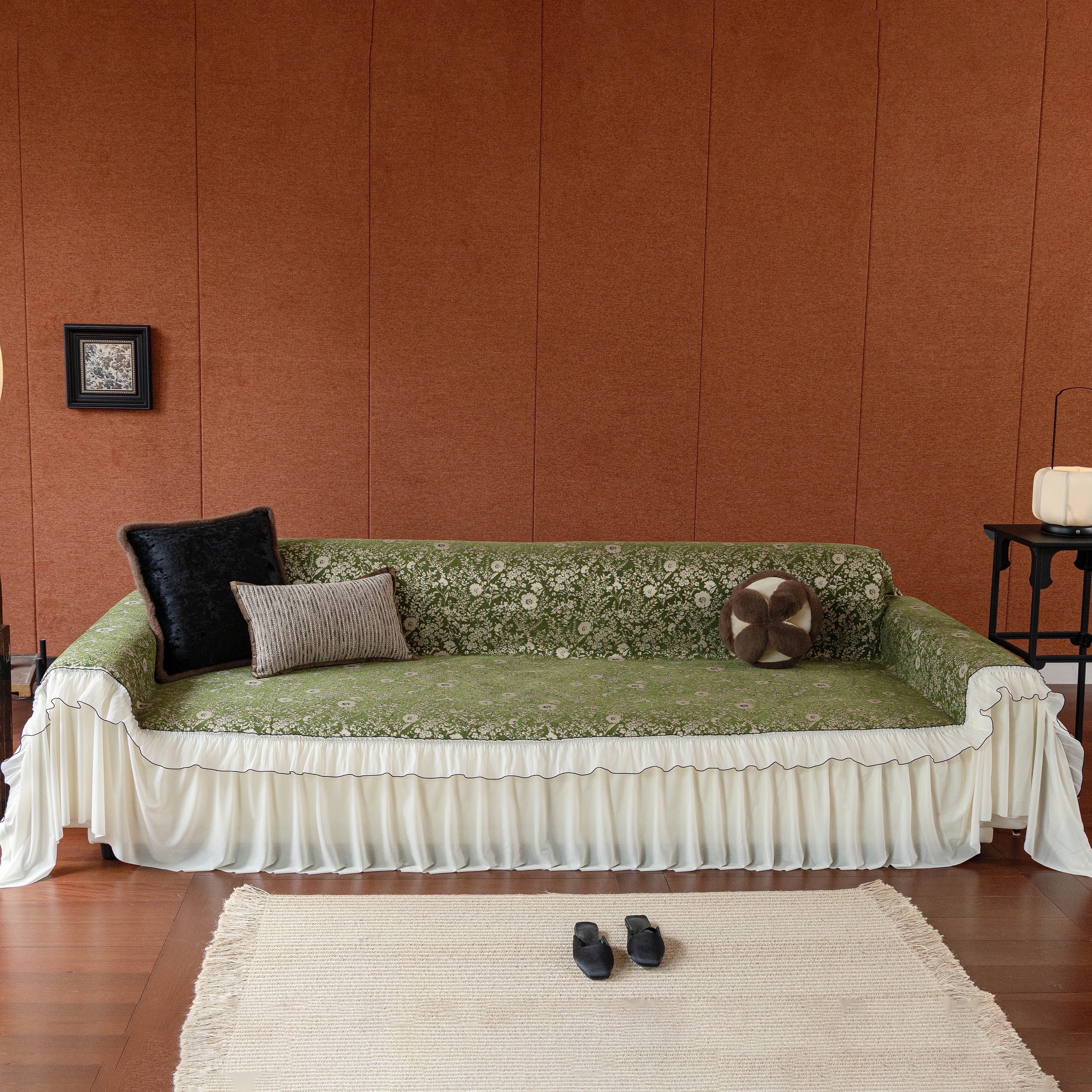 French Country Floral Sofa Cover with Chiffon Ruffle Skirt, Vintage Sofa Throw Cover