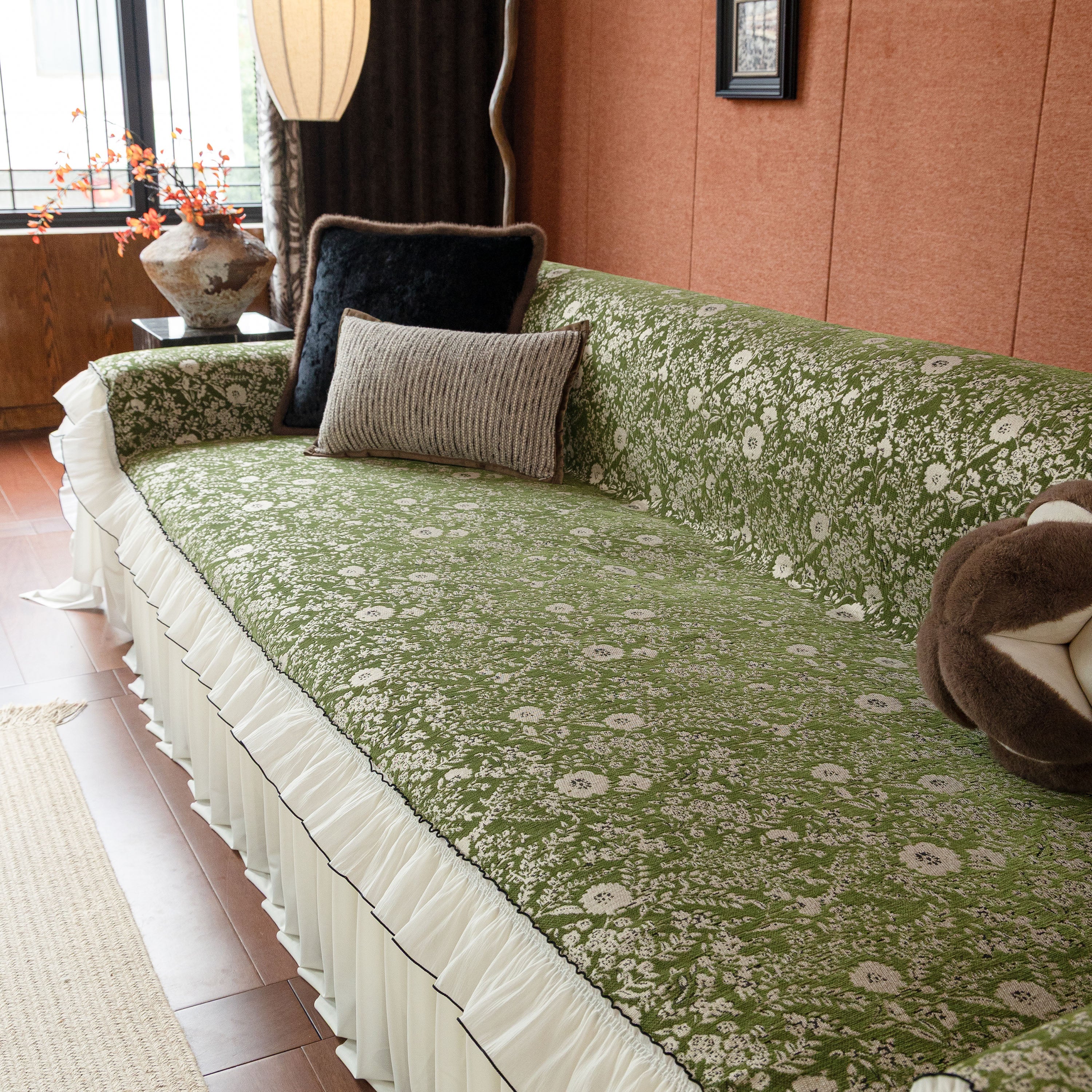 French Country Floral Sofa Cover with Chiffon Ruffle Skirt, Vintage Sofa Throw Cover