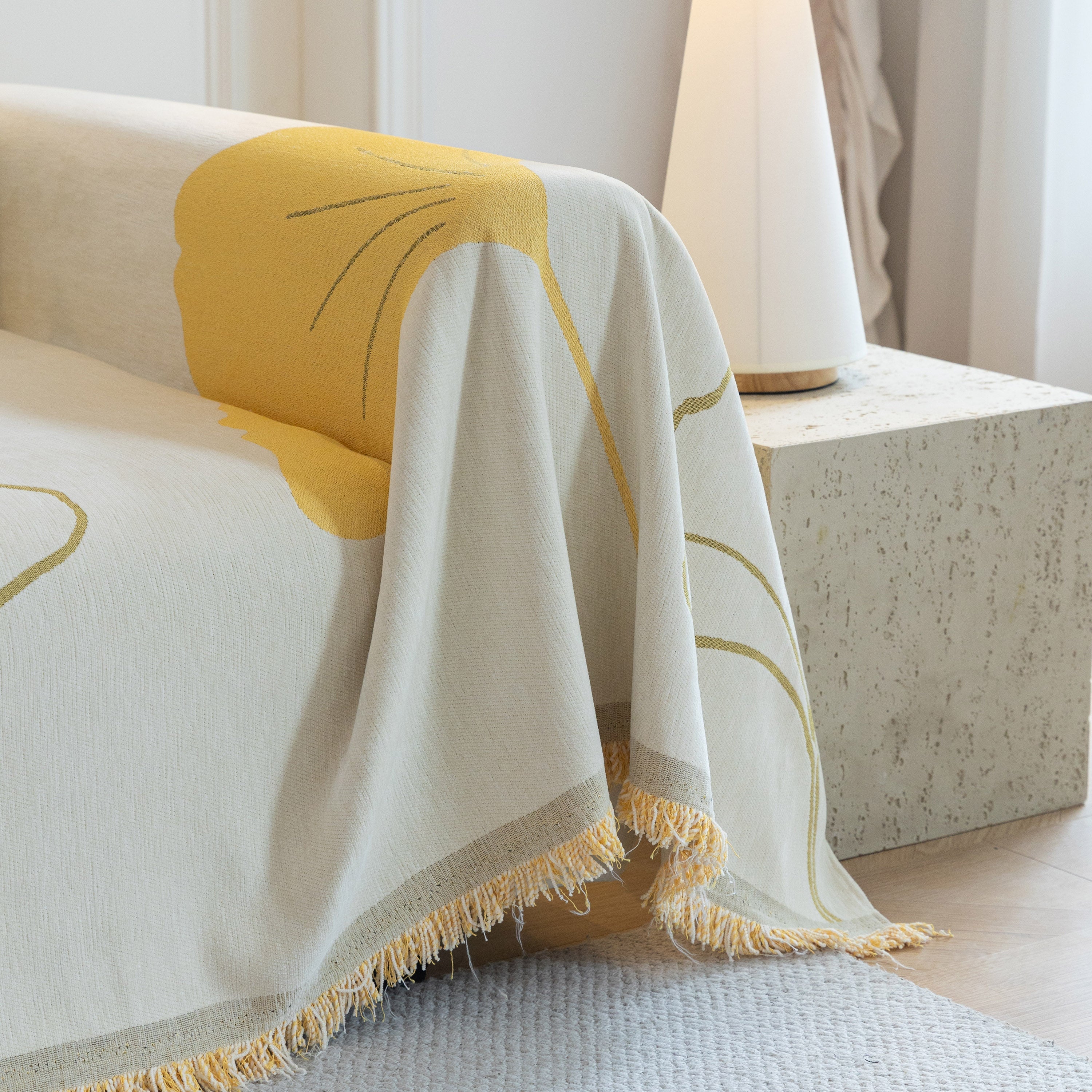 Cozy Couch Throw Blanket with Tassels, Jacquard Leaf Pattern Furniture Protector