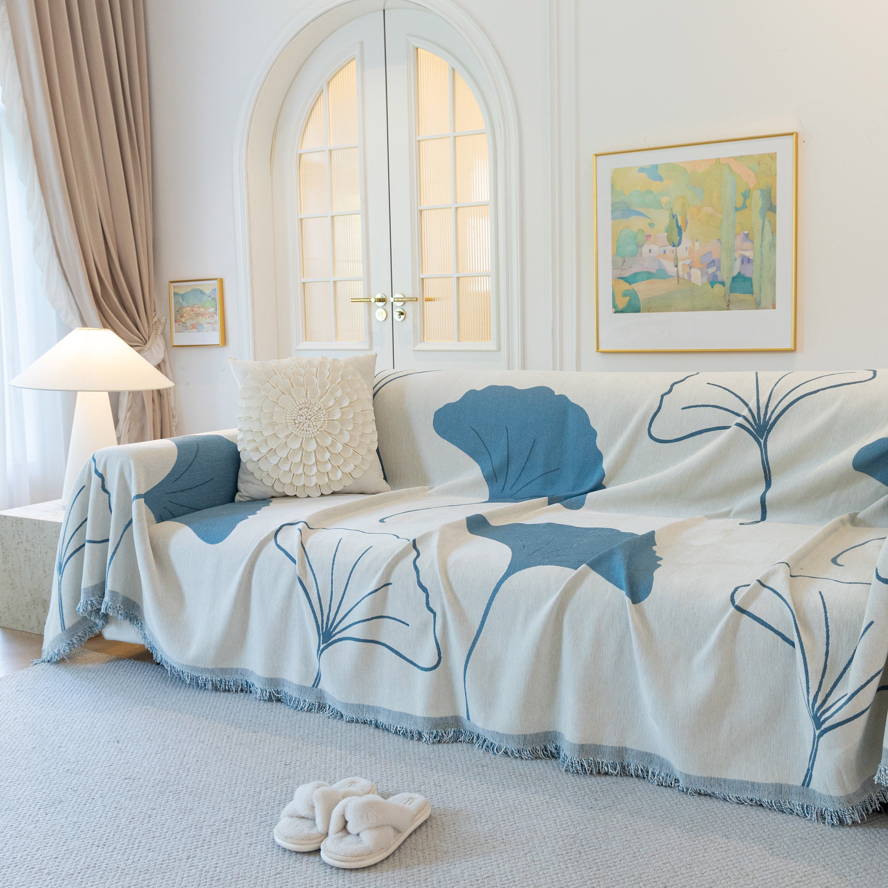 Cozy Couch Throw Blanket with Tassels, Jacquard Leaf Pattern Furniture Protector