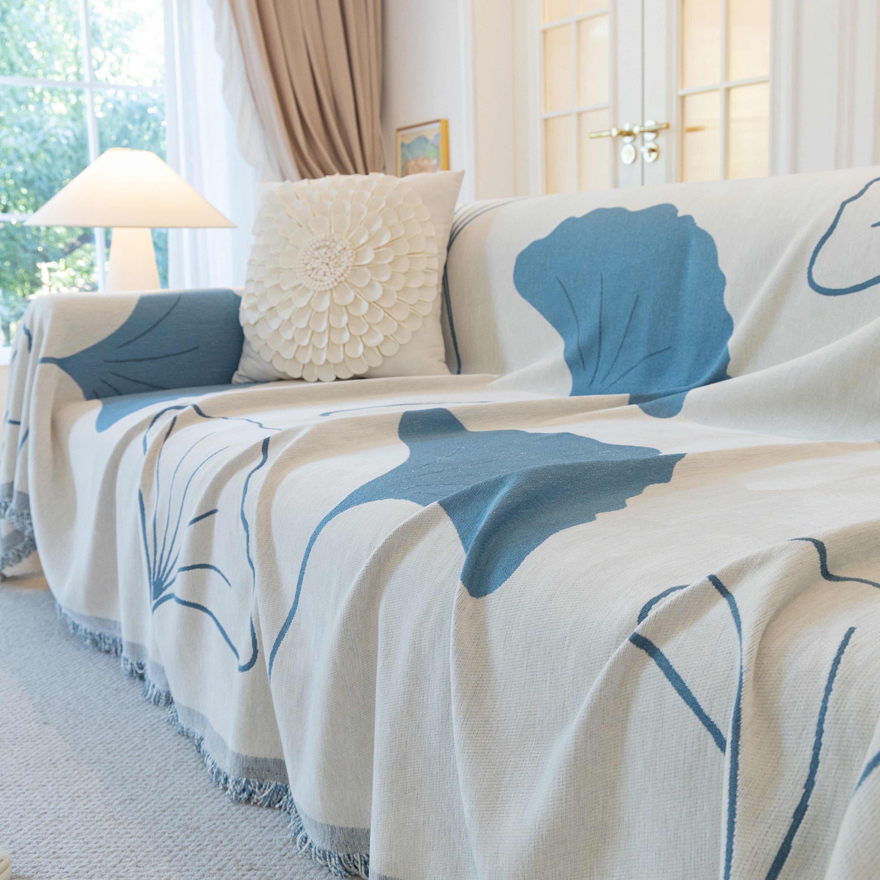 Cozy Couch Throw Blanket with Tassels, Jacquard Leaf Pattern Furniture Protector