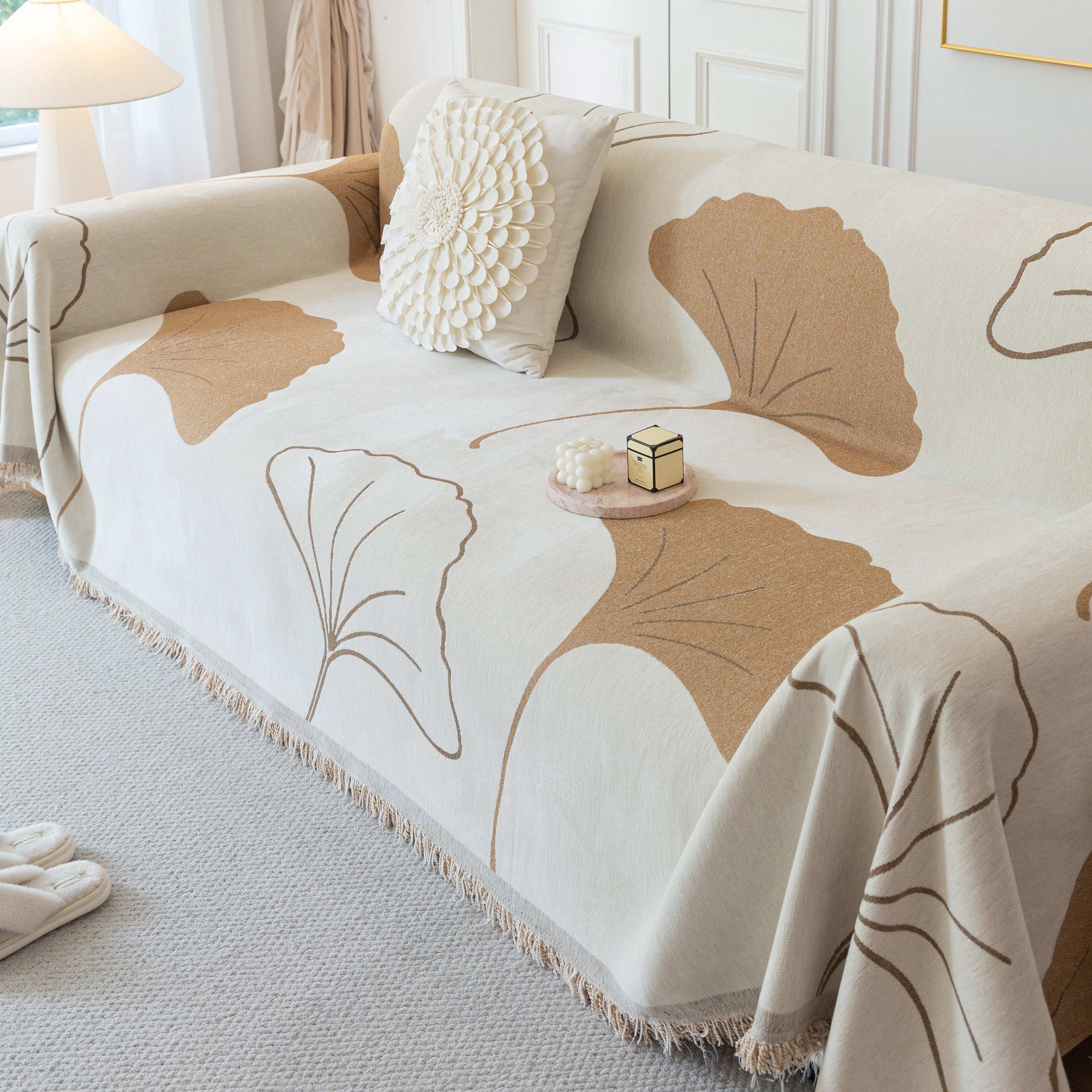 Cozy Couch Throw Blanket with Tassels, Jacquard Leaf Pattern Furniture Protector