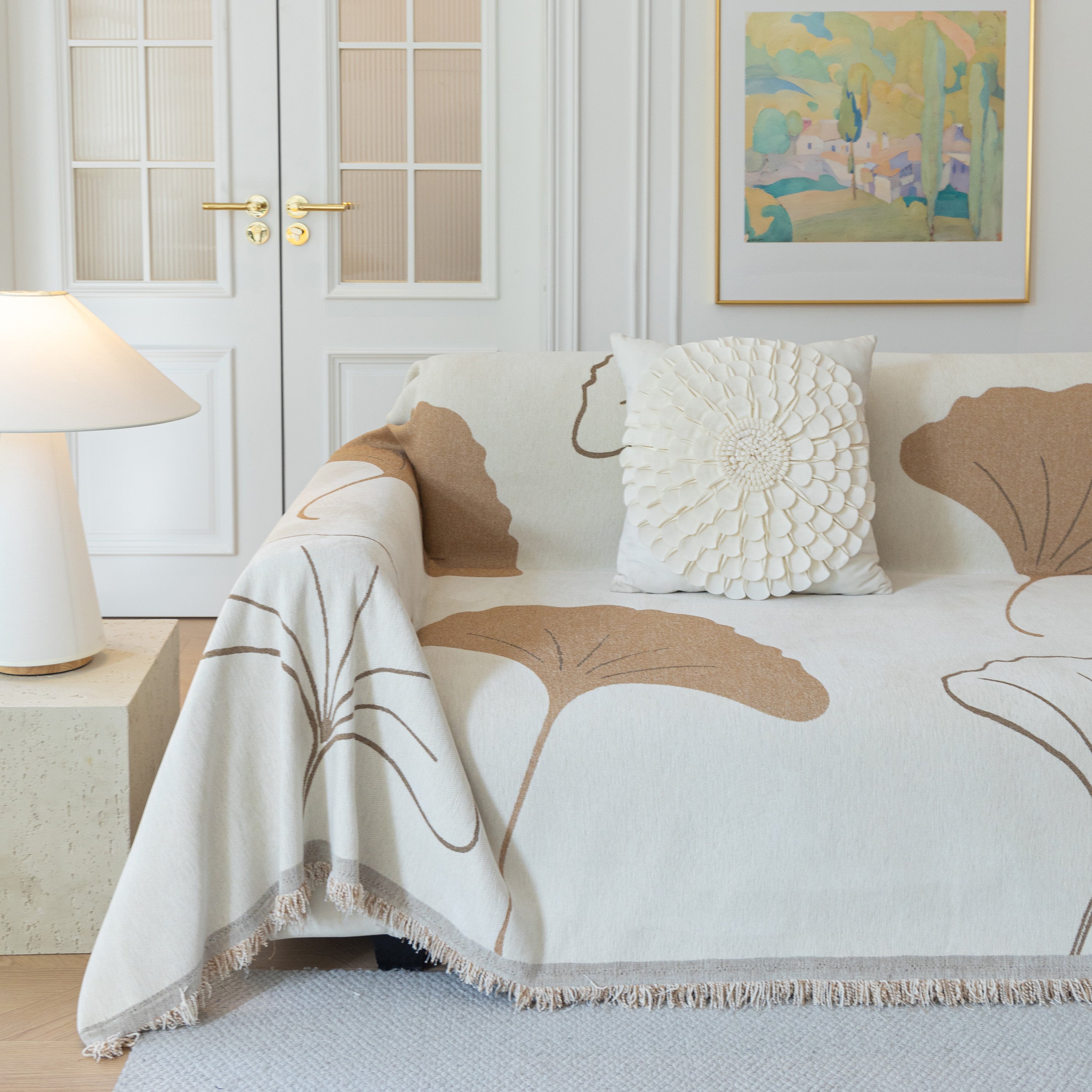 Cozy Couch Throw Blanket with Tassels, Jacquard Leaf Pattern Furniture Protector