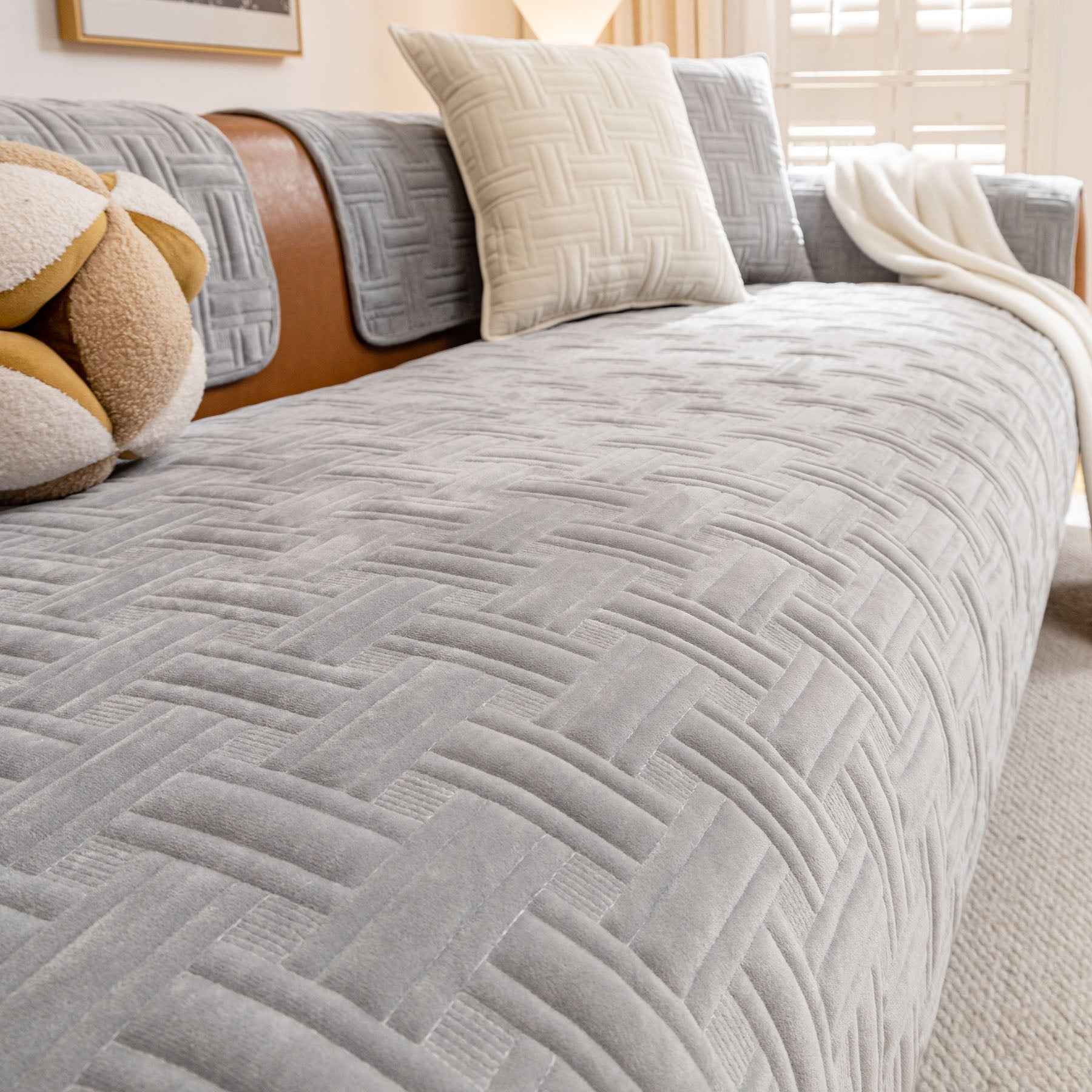 Quilted Velvet Sofa Cover, Thick Padded Couch Protector with Raised Geometric Texture