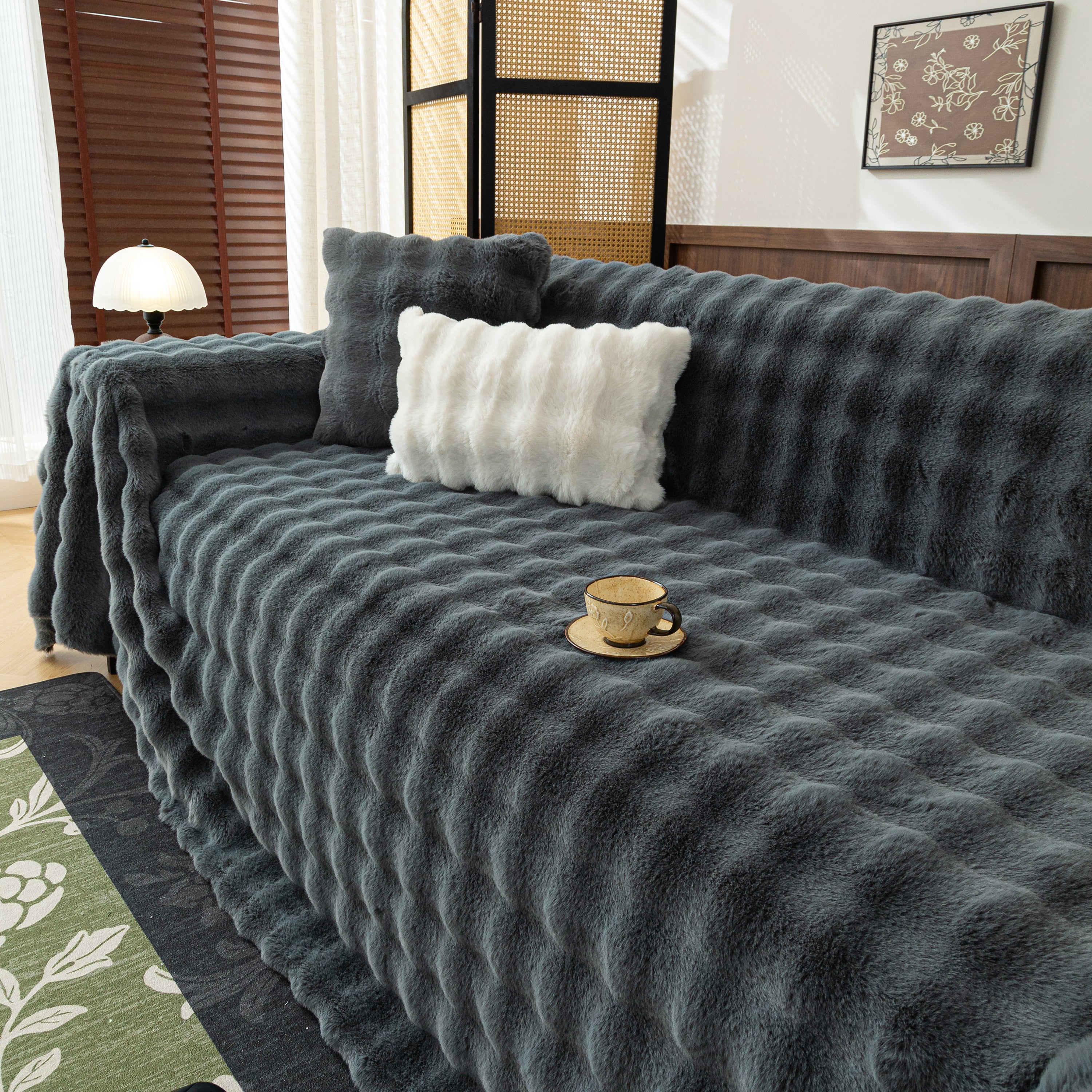 Thick Faux Fur Sofa Cover Fluffy Plush Warm Sofa Slipcover Furniture Protector for Couch Bed