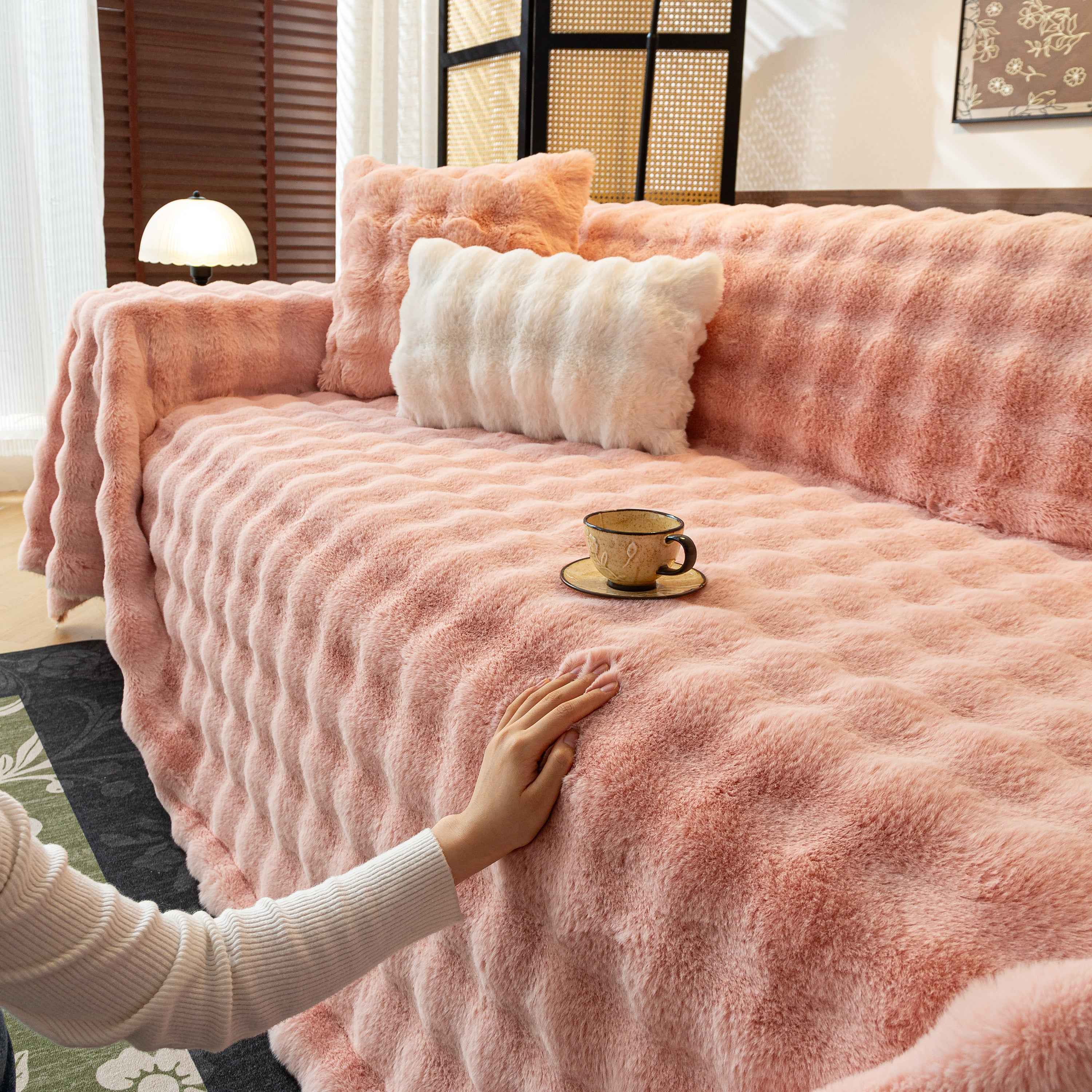 Thick Faux Fur Sofa Cover Fluffy Plush Warm Sofa Slipcover Furniture Protector for Couch Bed