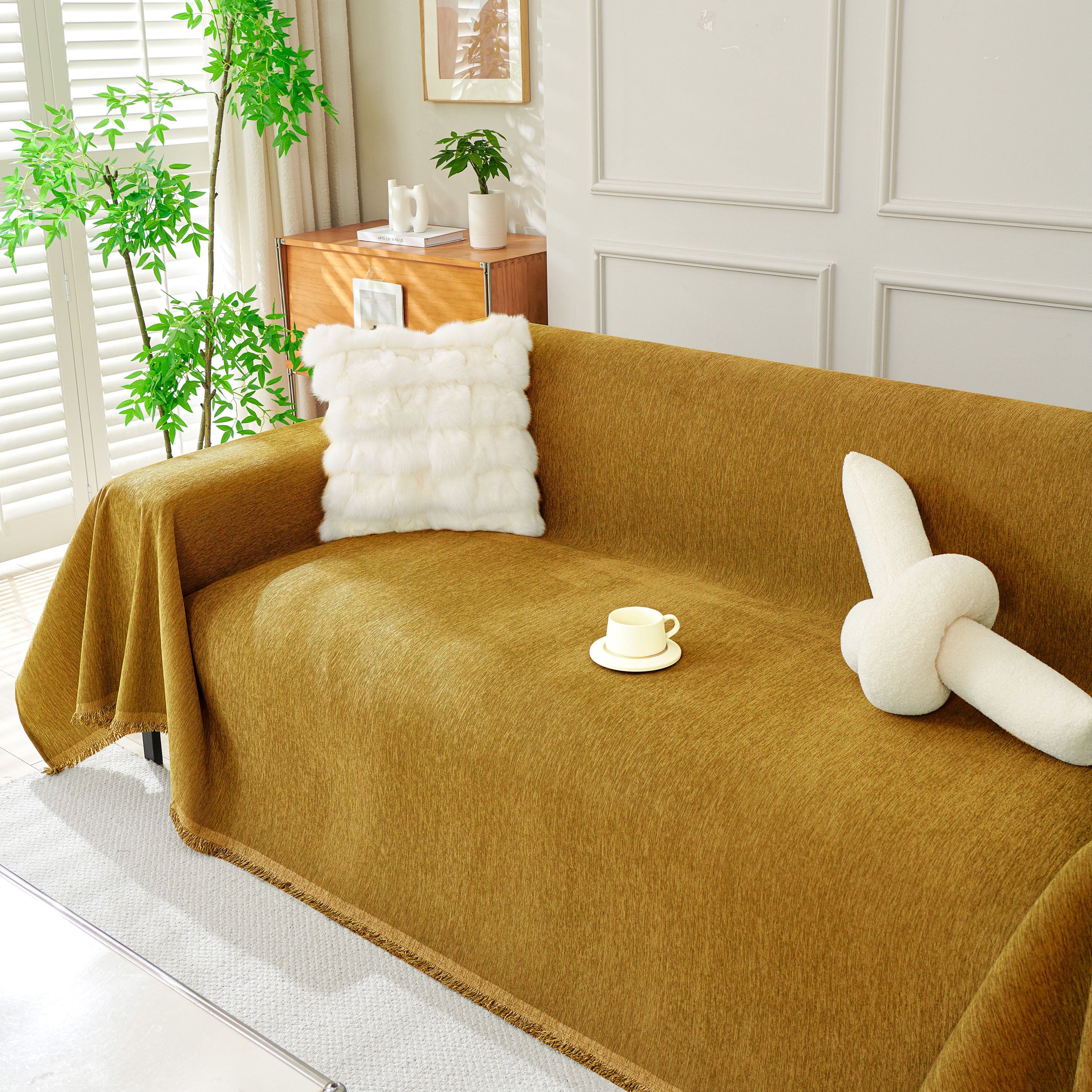 Solid Color Chenille Sofa Throw Blanket, Modern Decor Soft Couch Cover with Fringes