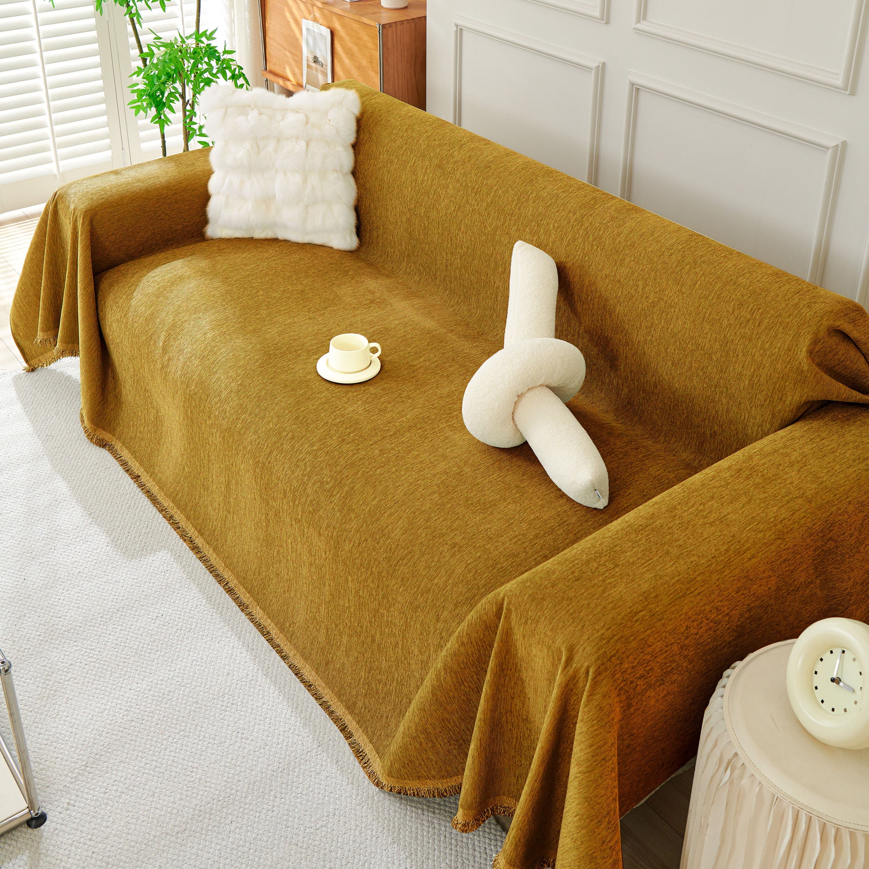 Solid Color Chenille Sofa Throw Blanket, Modern Decor Soft Couch Cover with Fringes