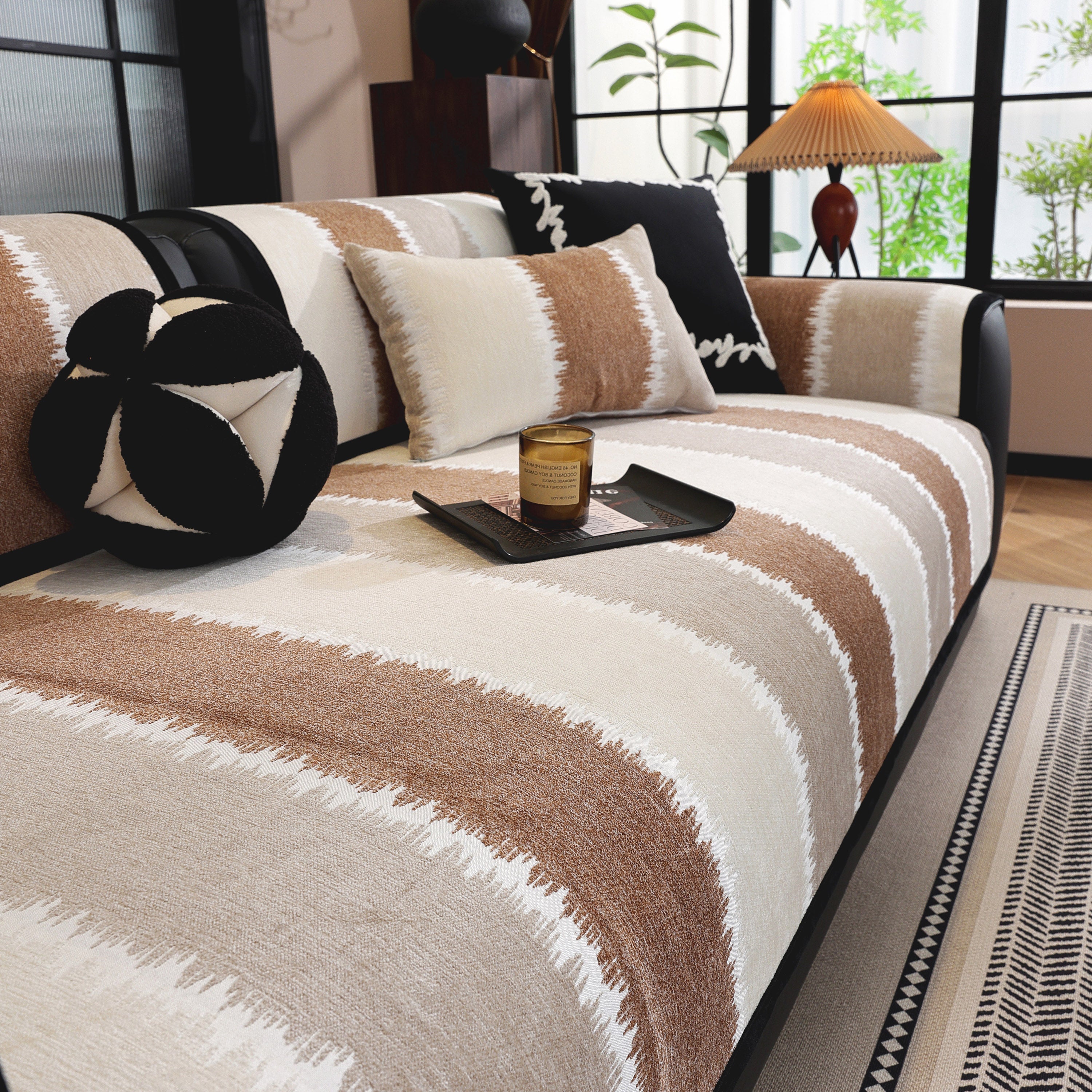 Striped Colorblock Non-Slip Sectional Couch Covers, Chenille Sofa Protector Cover