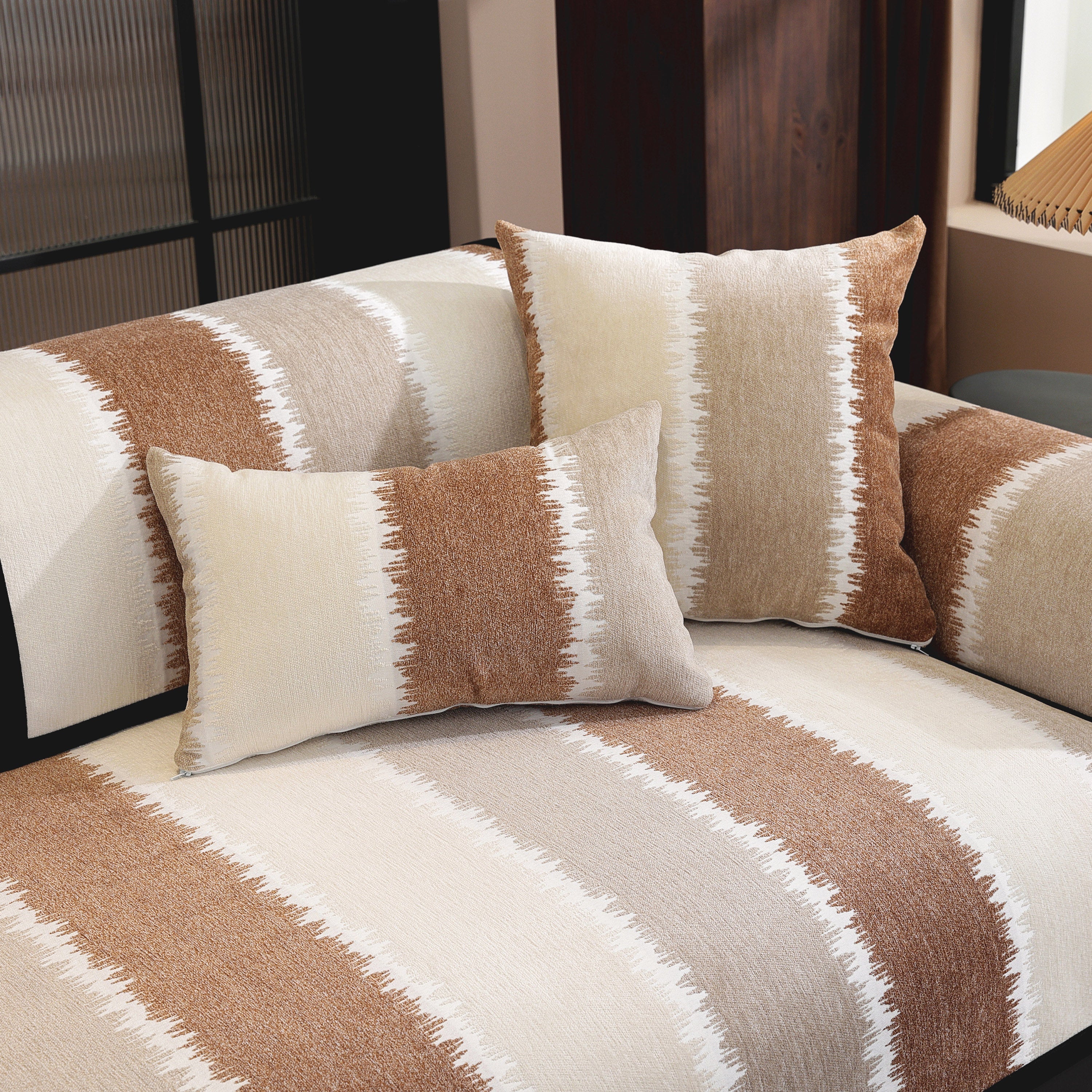 Striped Colorblock Non-Slip Sectional Couch Covers, Chenille Sofa Protector Cover