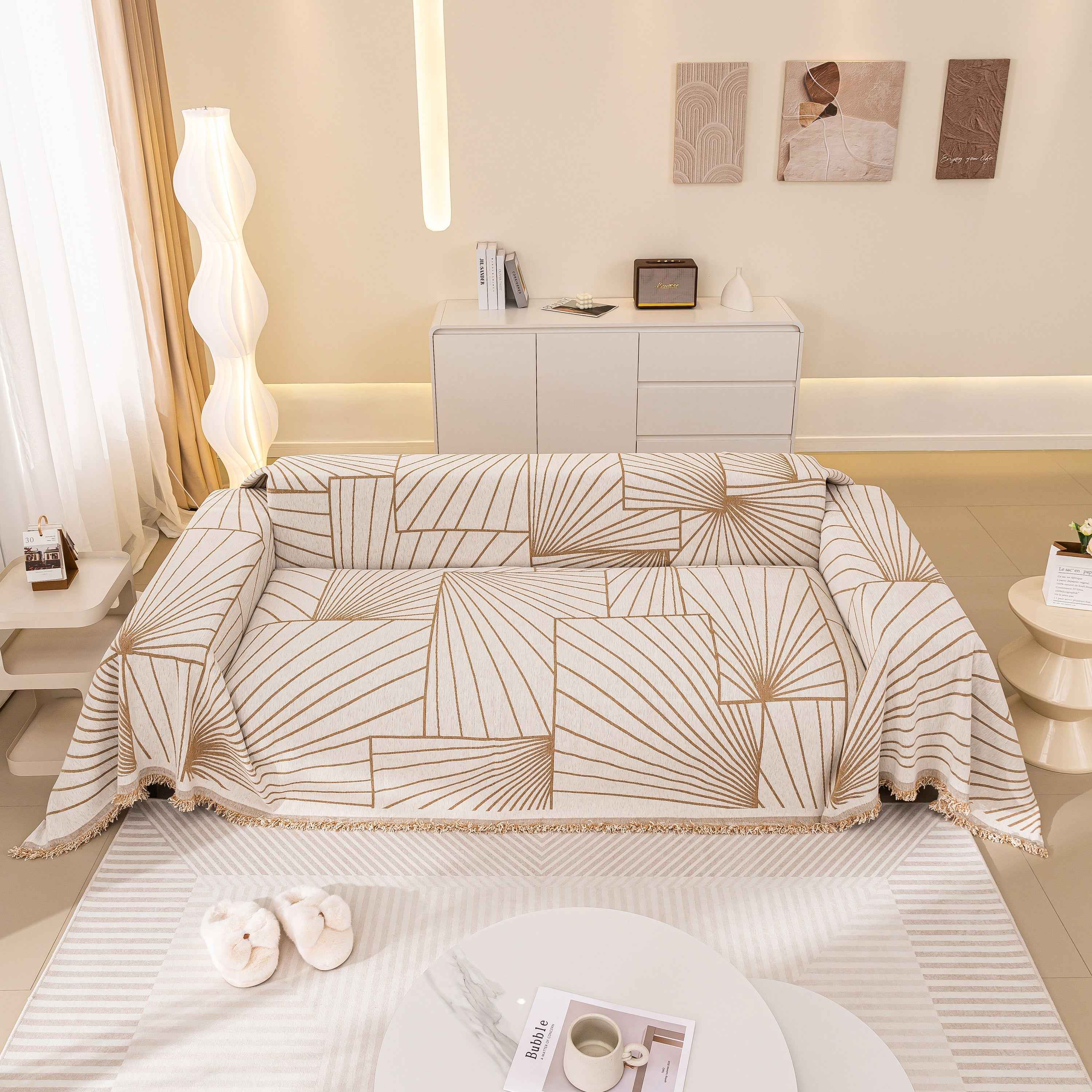 Modern Minimalist Chenille Line Pattern Sofa Cover, Dust and Scratch Resistant Throw Blankets for Couch