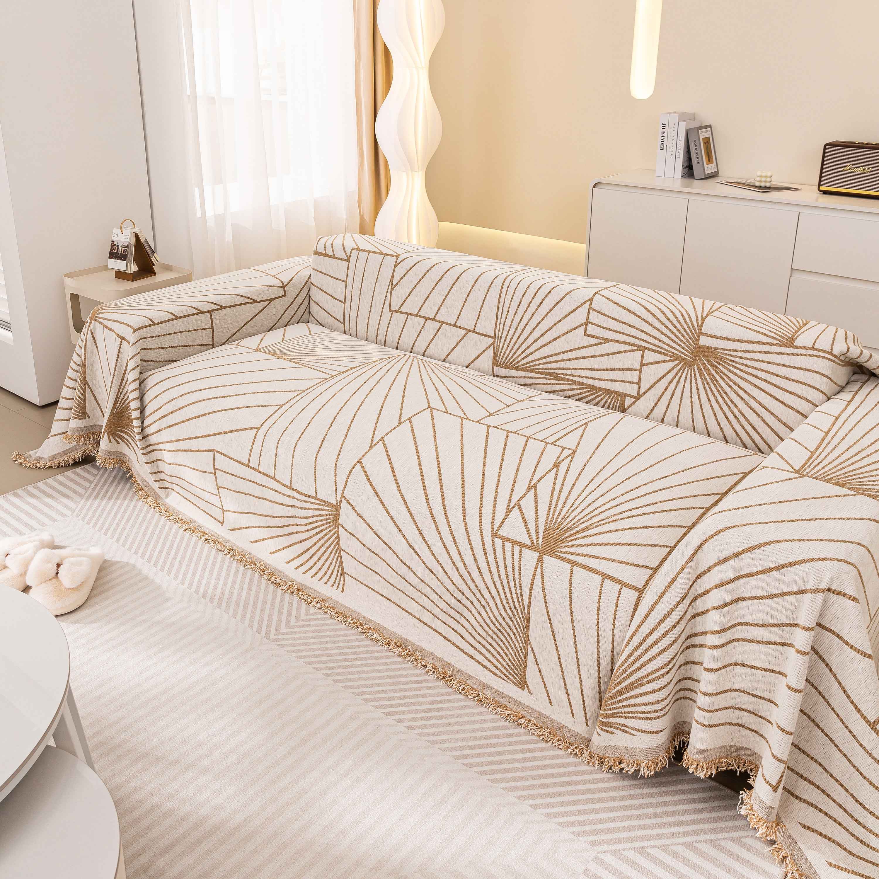 Modern Minimalist Chenille Line Pattern Sofa Cover, Dust and Scratch Resistant Throw Blankets for Couch