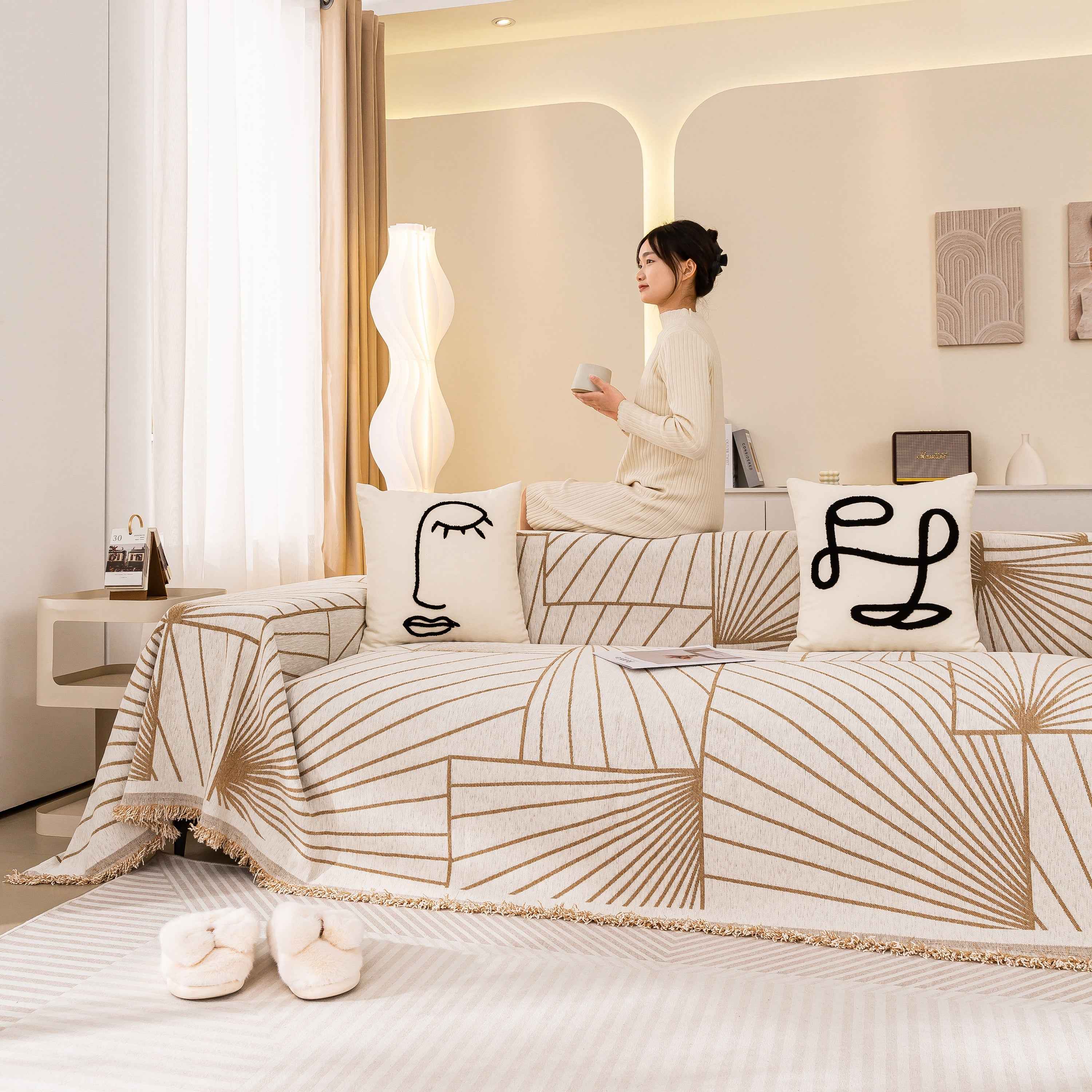 Modern Minimalist Chenille Line Pattern Sofa Cover, Dust and Scratch Resistant Throw Blankets for Couch