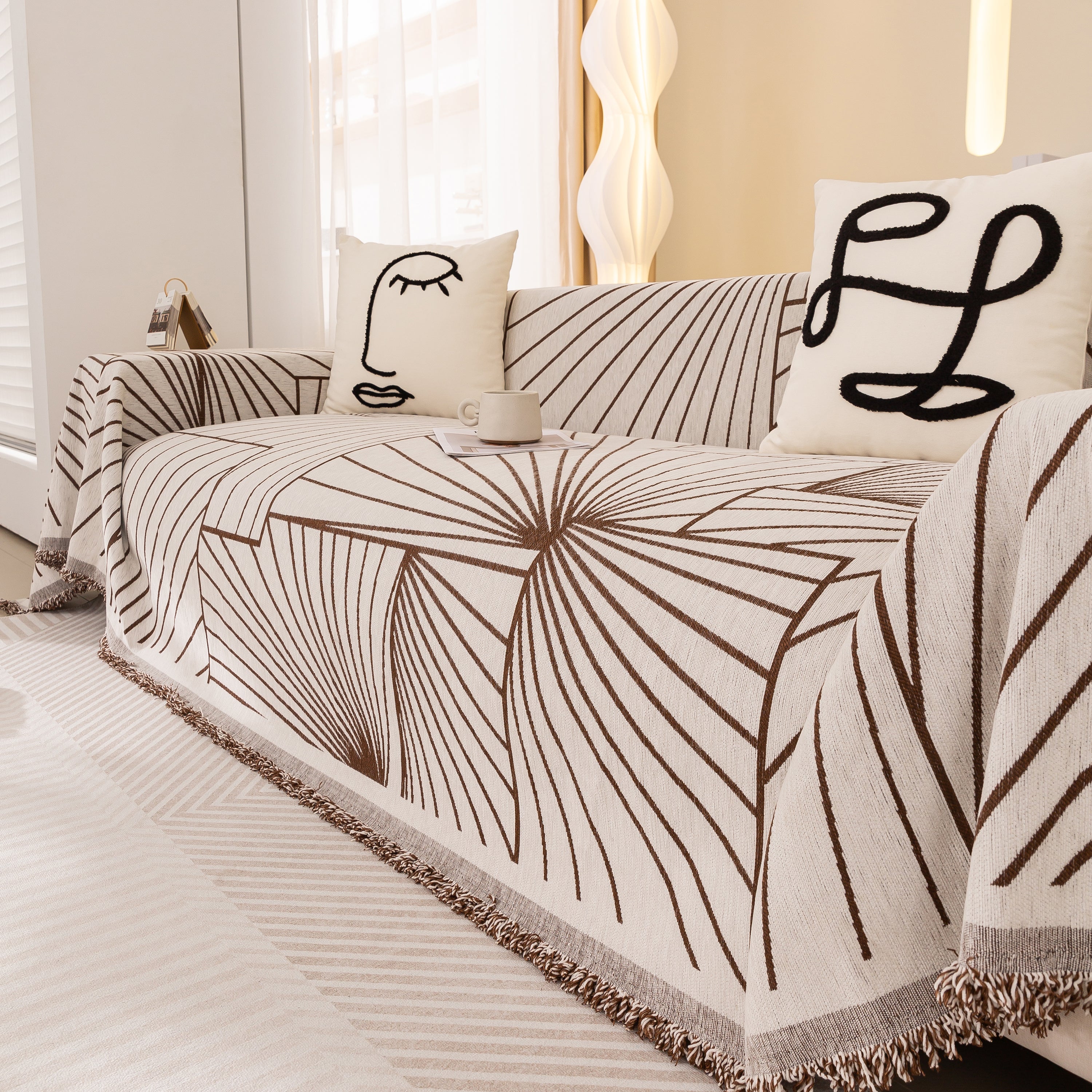 Modern Minimalist Chenille Line Pattern Sofa Cover, Dust and Scratch Resistant Throw Blankets for Couch