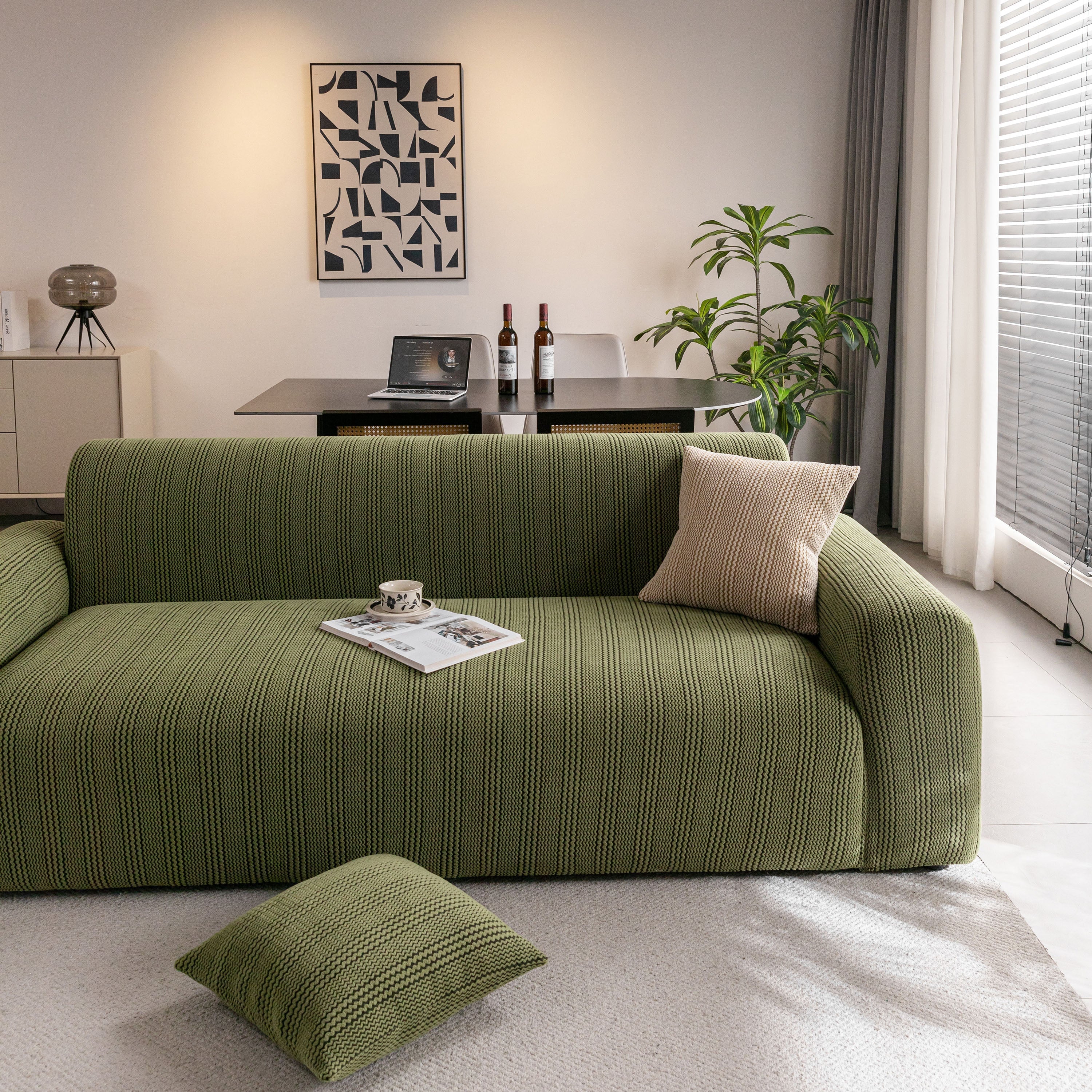 Modern Textured Stretch Sofa Cover, Plush Fleece Sofa Slipcover with 3D Stripe Texture