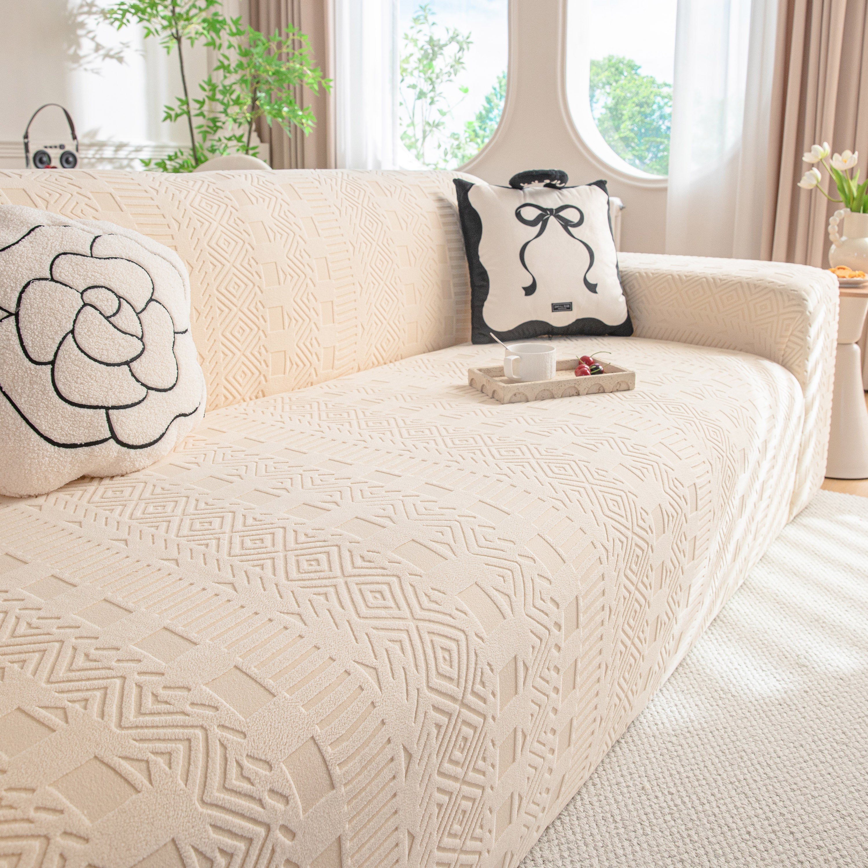 High Stretch Embossed Geometric Slipcover for Couch, Cozy Plush Fleece Couch Cover
