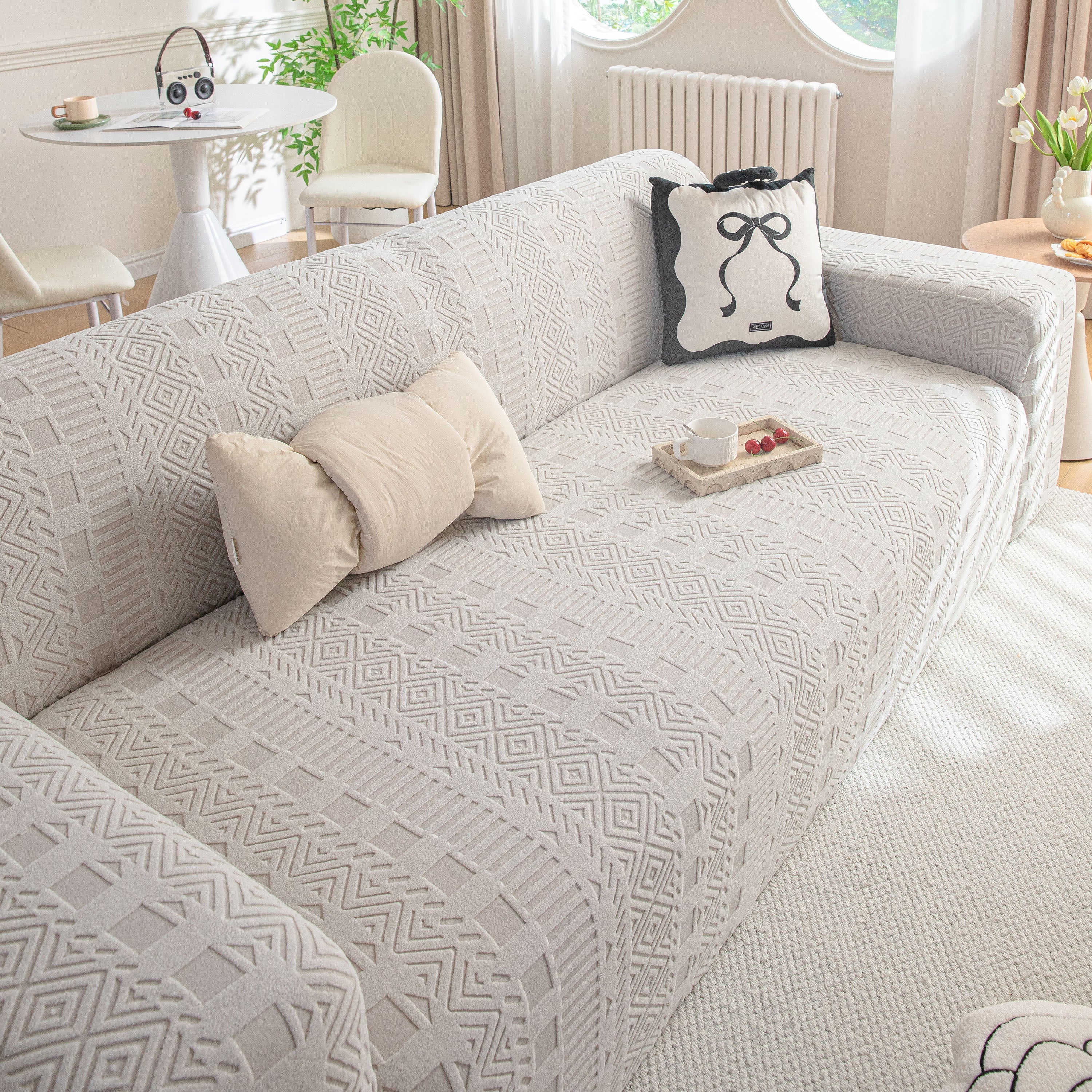 High Stretch Embossed Geometric Slipcover for Couch, Cozy Plush Fleece Couch Cover
