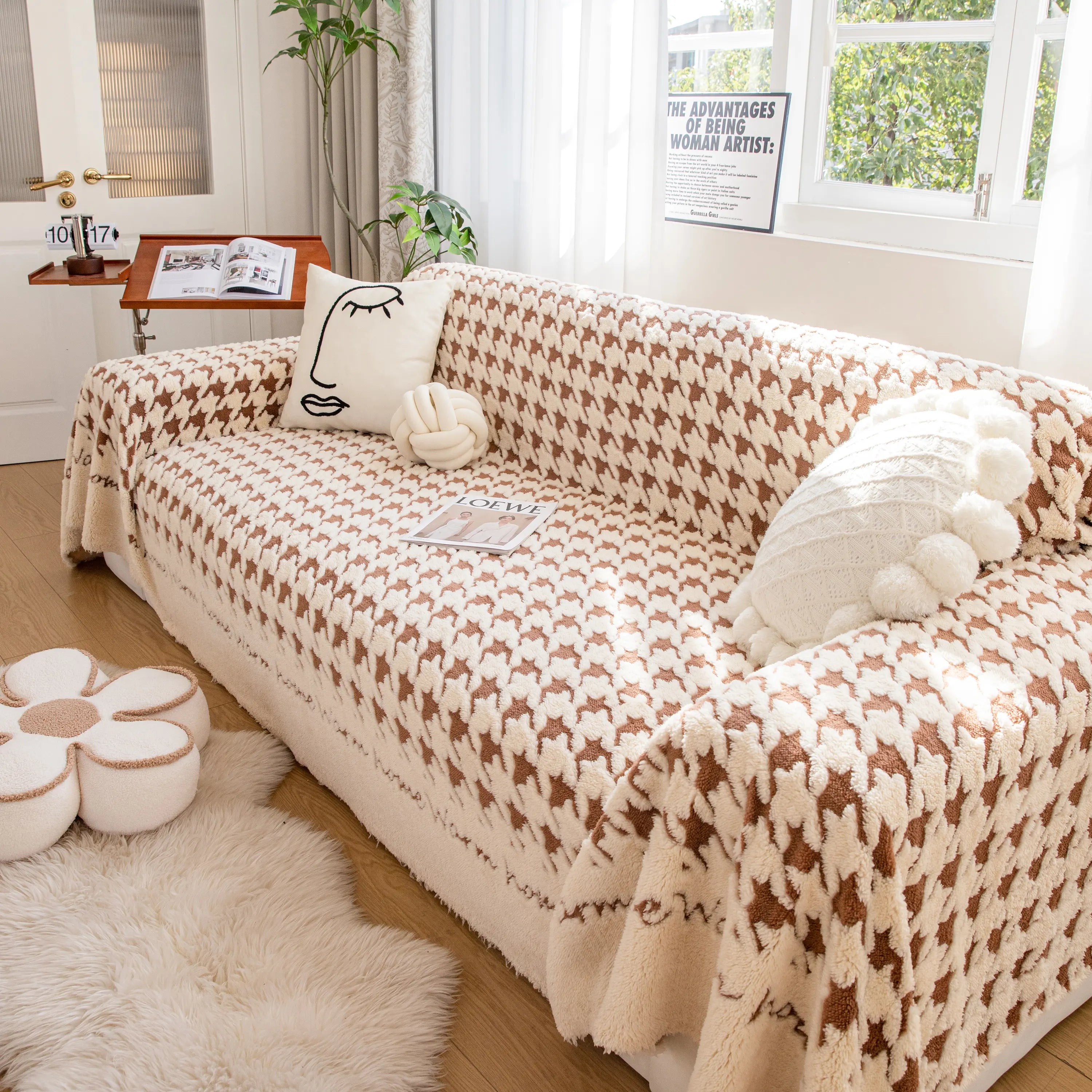Jacquard Plush Houndstooth Sofa Throw Cover, Cover Throws for Sofas, Stylish Living Room Throws