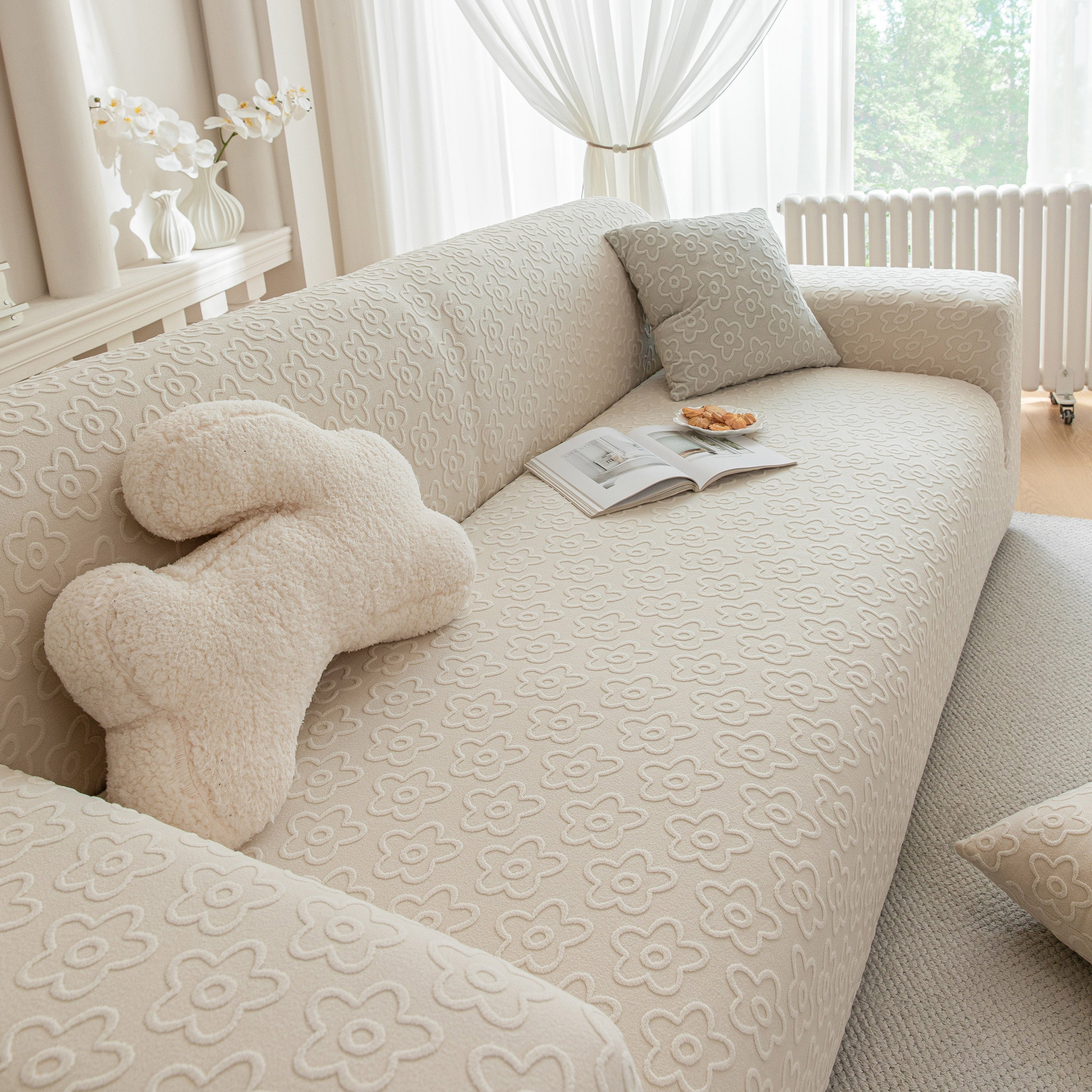 High Stretch Jacquard Sofa Slipcover, Soft Spandex Textured Floral Couch Cover