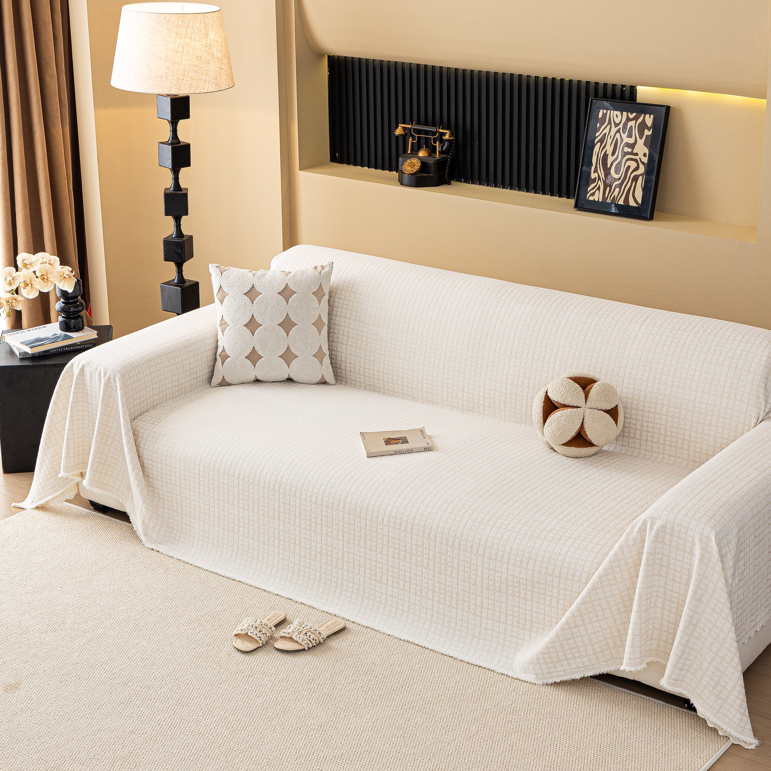 Jacquard Textured Couch Cover Throw, Soft Thick Decorative Slipcover for Couch