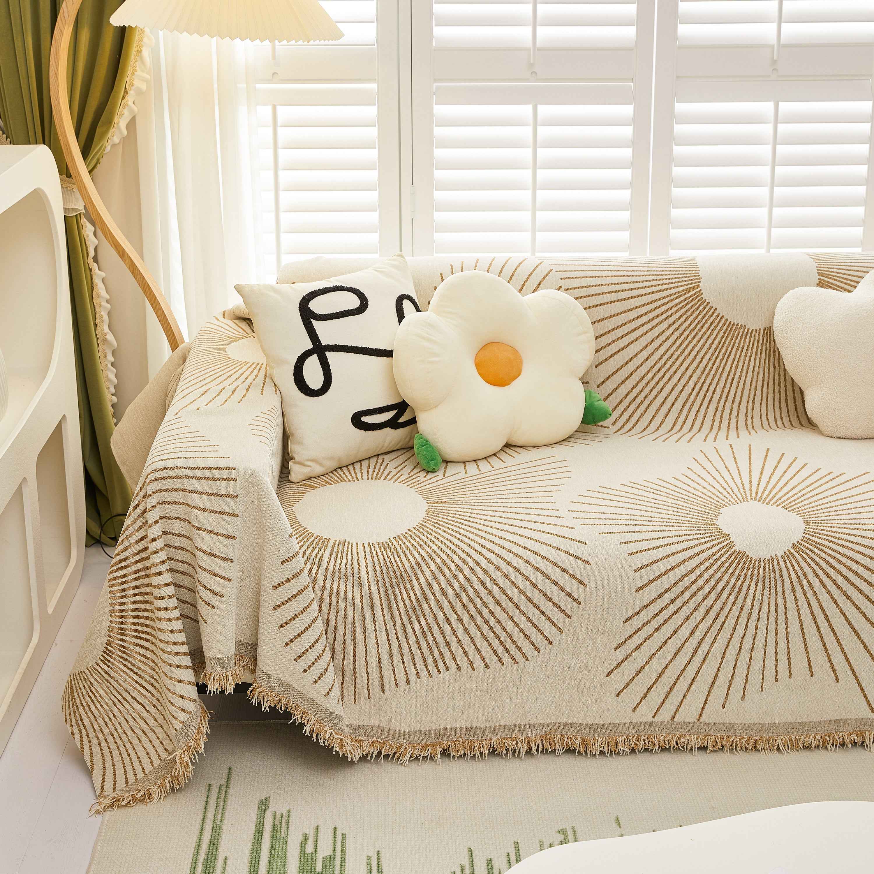 Geometric Radial Striped L-Shape Sofa Cover: Thick, Reversible Furniture Blanket for Kids and Pets