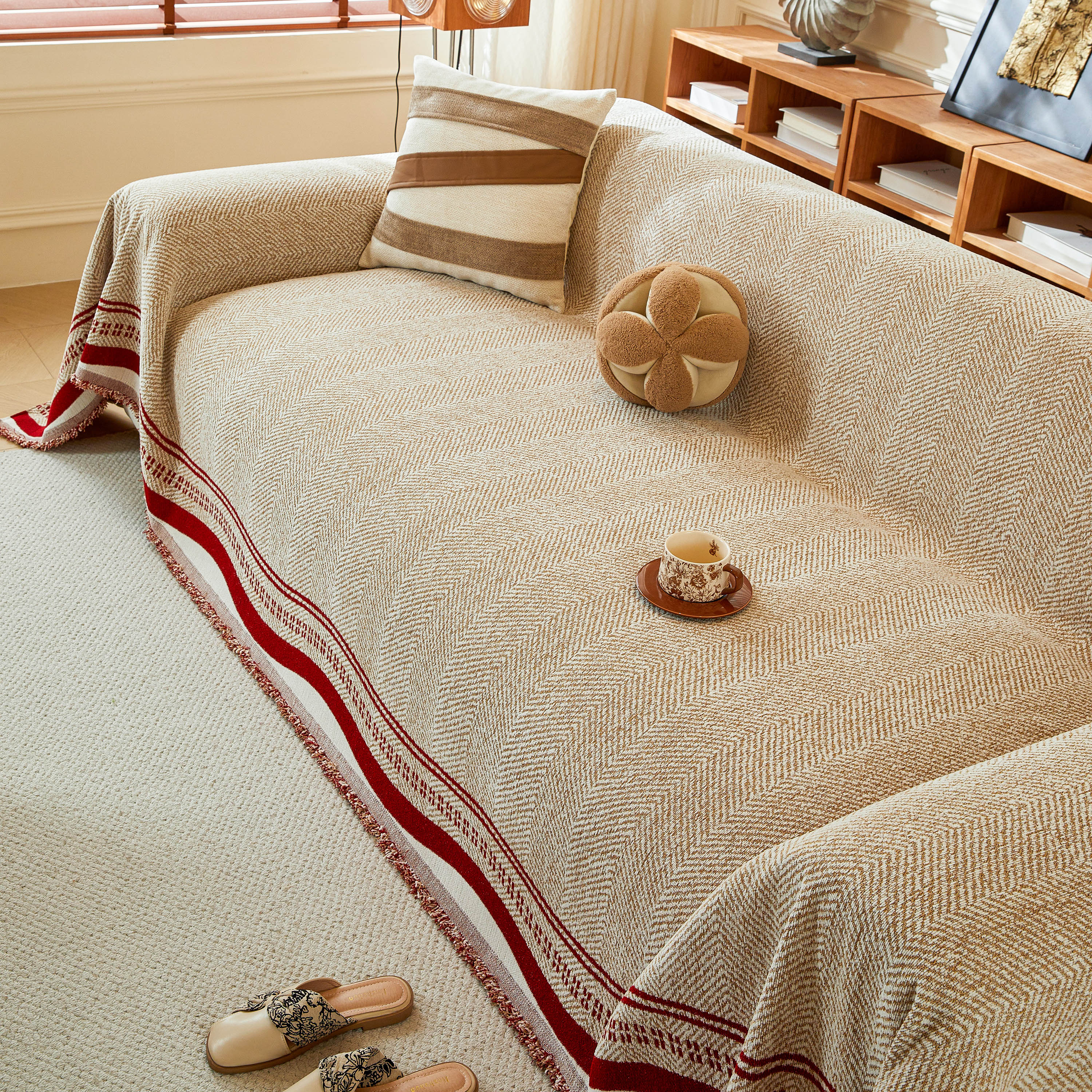 Reversible Herringbone Sofa Cover, 2-in-1 Classic British Throw Blanket for Couch