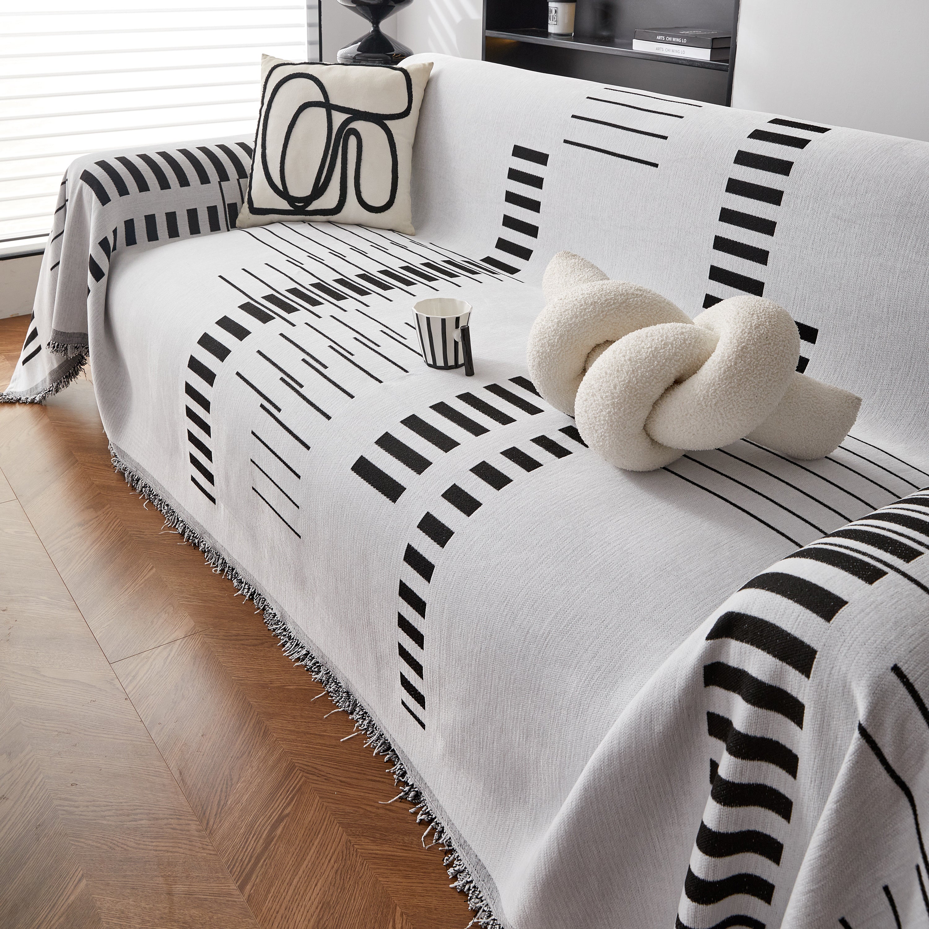 Reversible Chenille Couch Cover Blanket with Tassel Large Boho Futon Cover L Shaped Sectional Cover