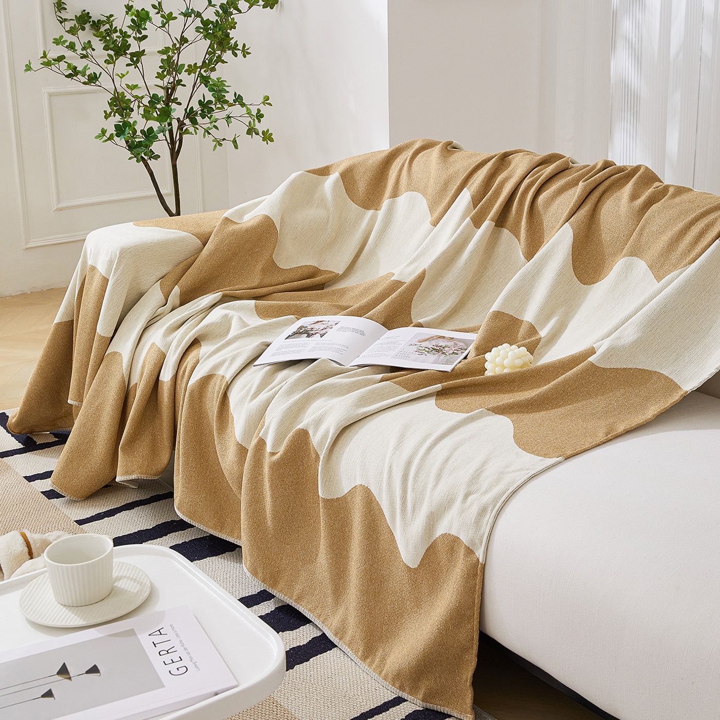 Chenille Minimalist Wavy Sofa Throw Cover, Cozy Blankets for Couch, Machine Washable Couch Protector