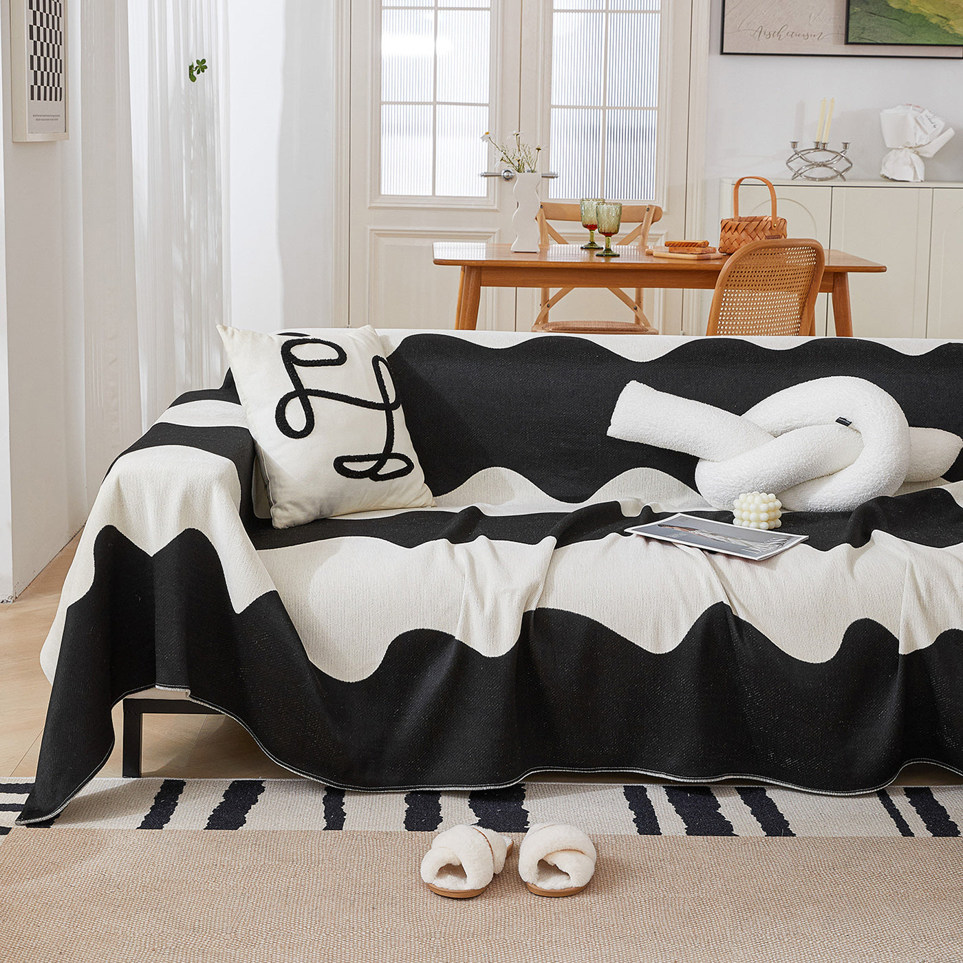 Chenille Minimalist Wavy Sofa Throw Cover, Cozy Blankets for Couch, Machine Washable Couch Protector