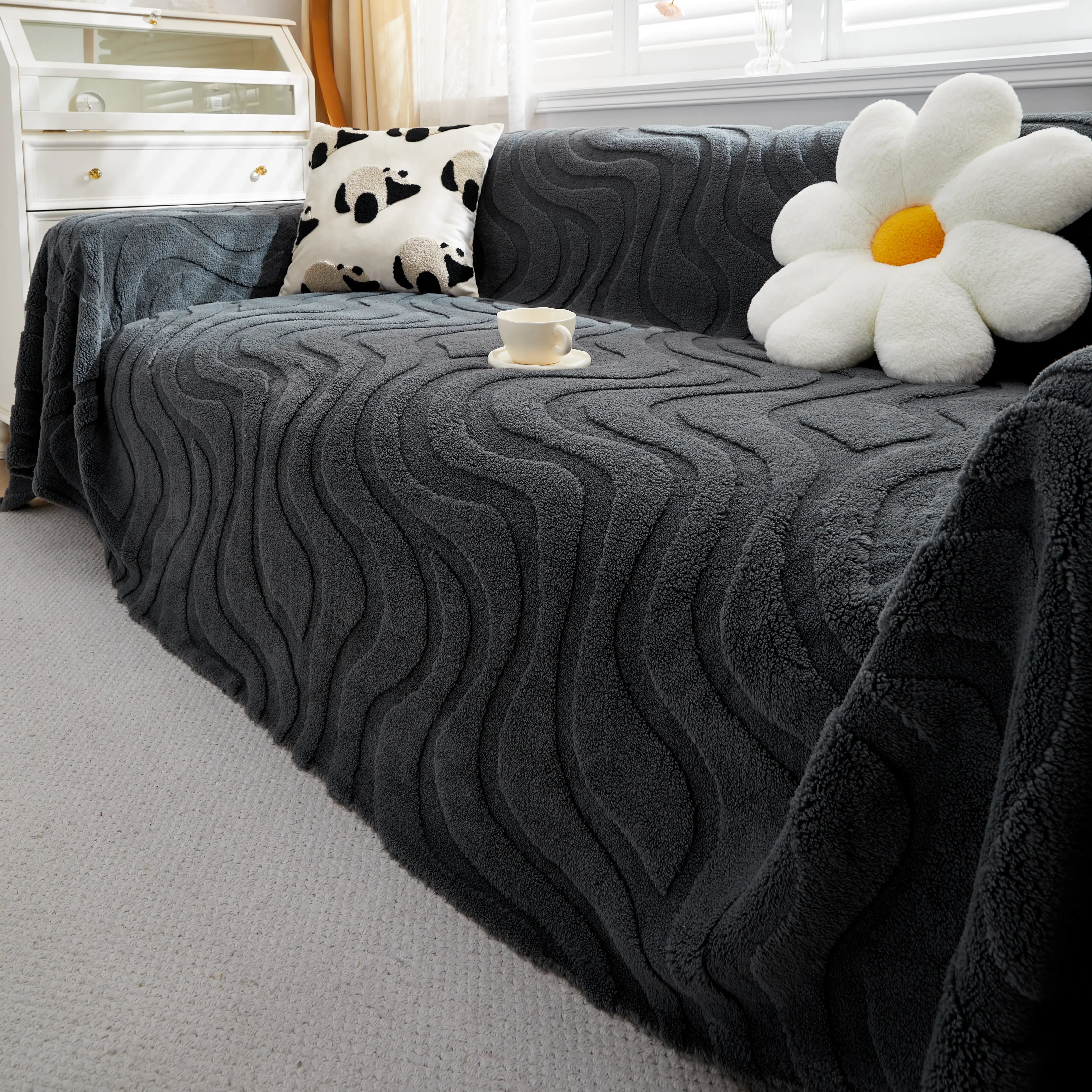 Thick Plush Jacquard Velvet Throw Blanket on Sofa, Sofa Slipcovers and Sectional Sofa Covers
