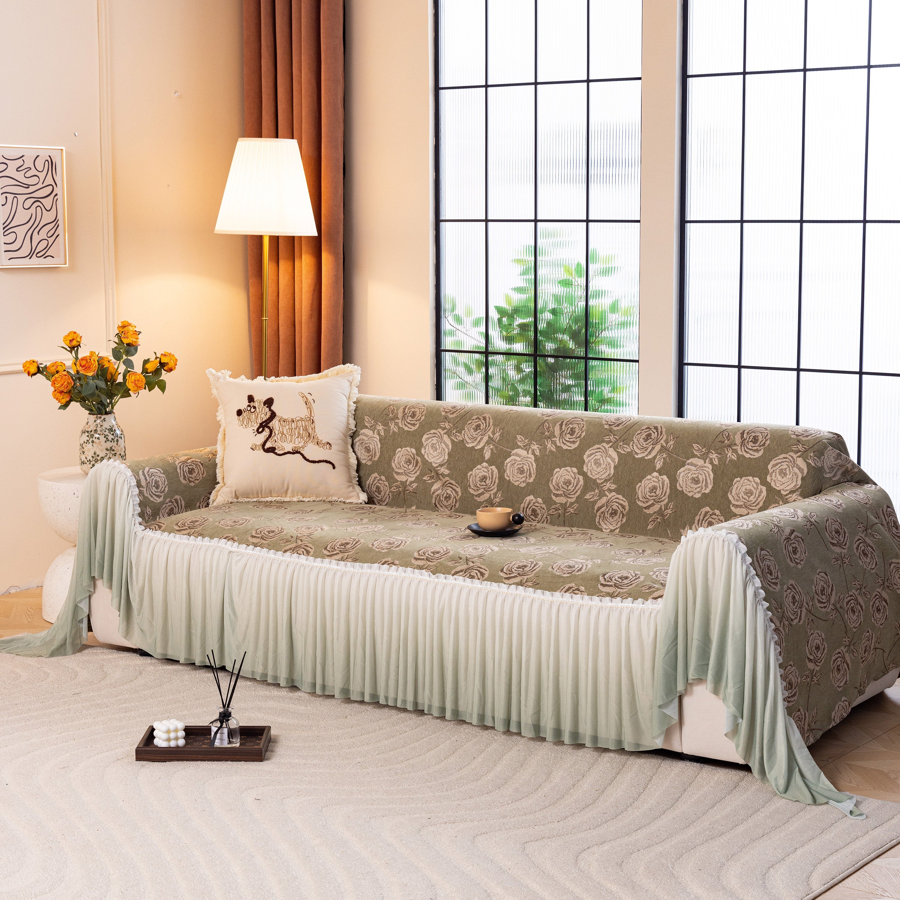 French Country Floral Sofa Cover with Ruffled Skirt, Farmhouse Decor for Living Room