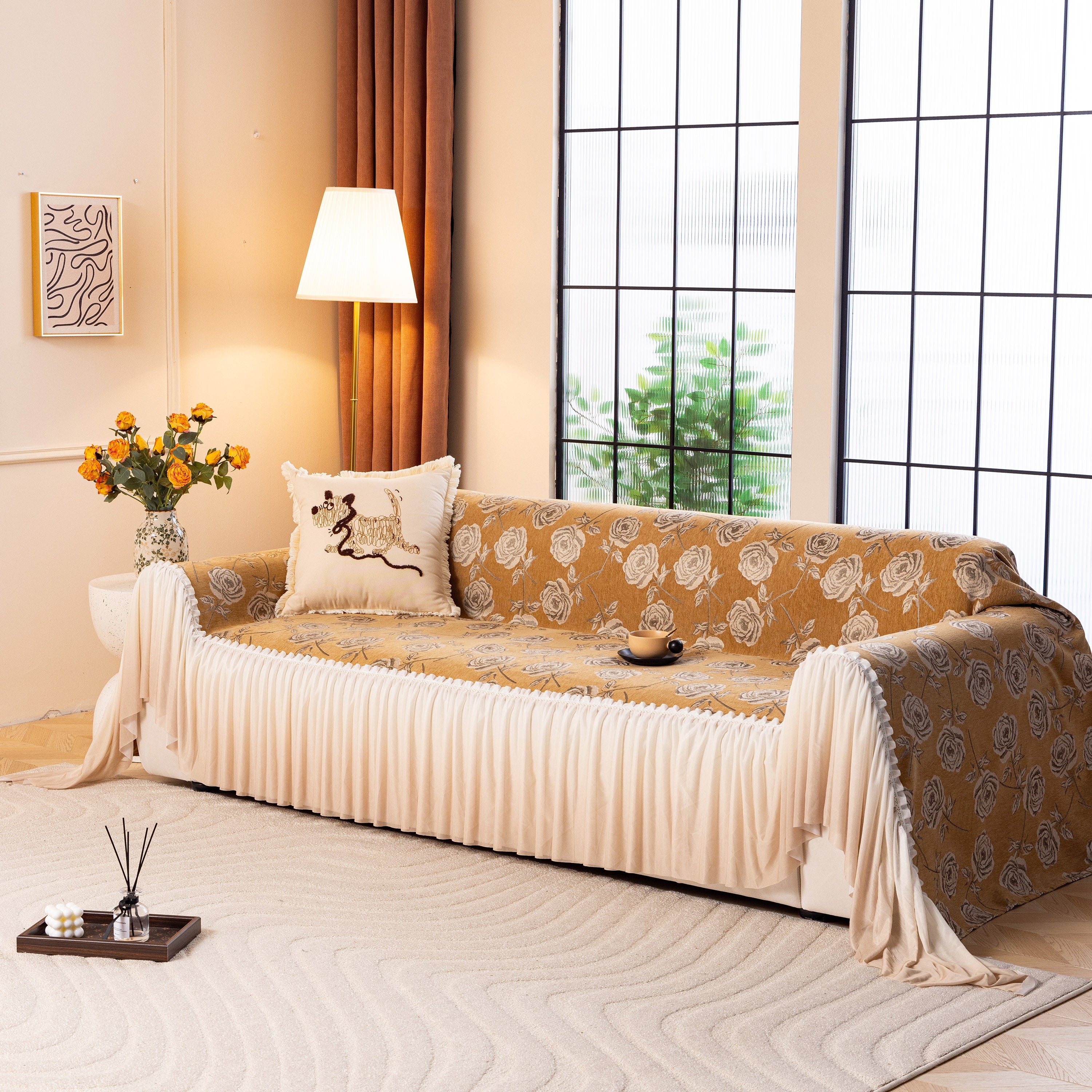 French Country Floral Sofa Cover with Ruffled Skirt, Farmhouse Decor for Living Room