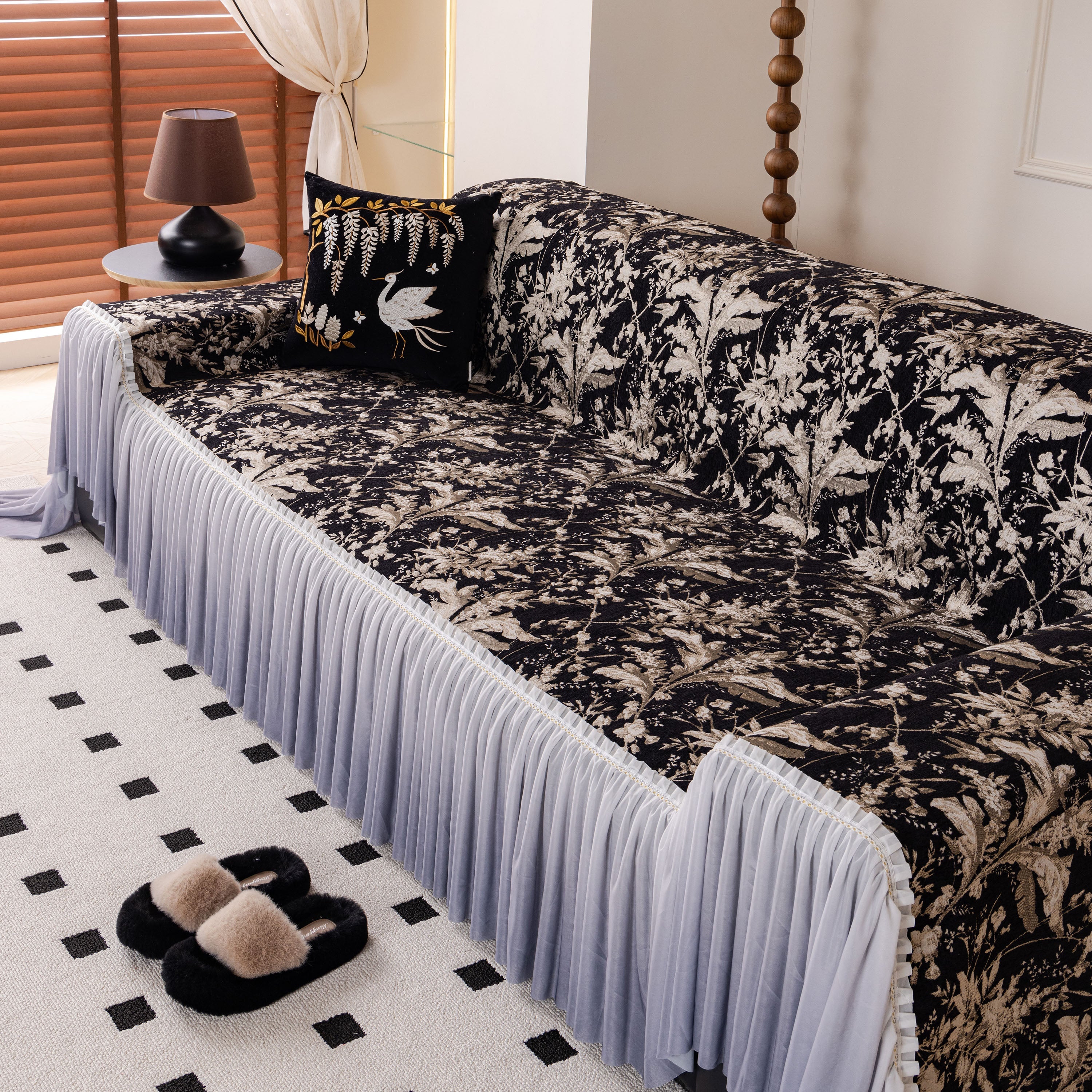 Elegant Botanical Sofa Cover with Pleated Tulle Skirt, Vintage Floral Couch Protector